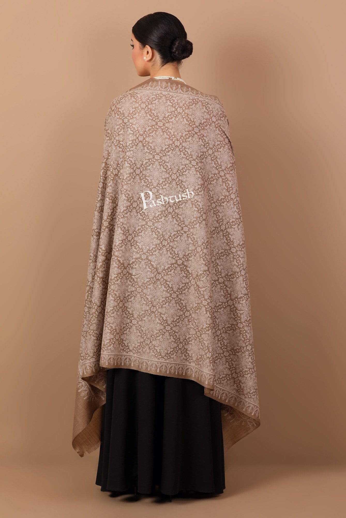 Pashtush Womens Shawl With Tone On Tone Embroidery, Soft And Warm, Taupe - Image 4