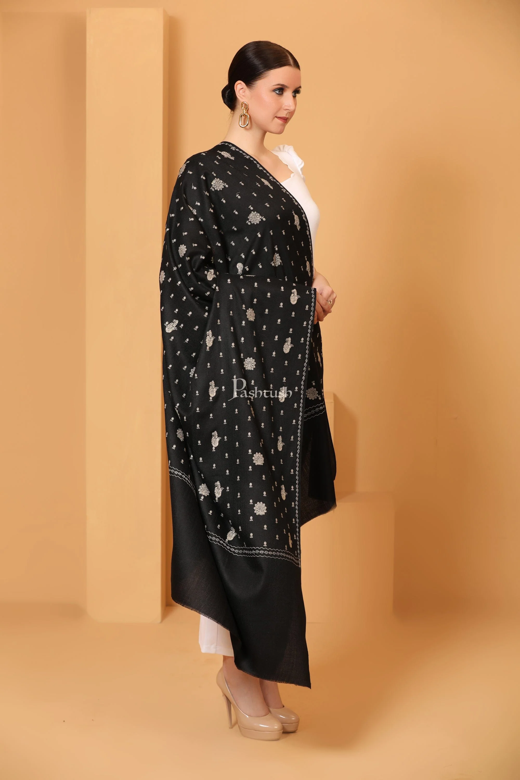Pashtush Womens Shawl With Tone On Tone Embroidery, Soft, Warm, Light Weight, Black - Image 2
