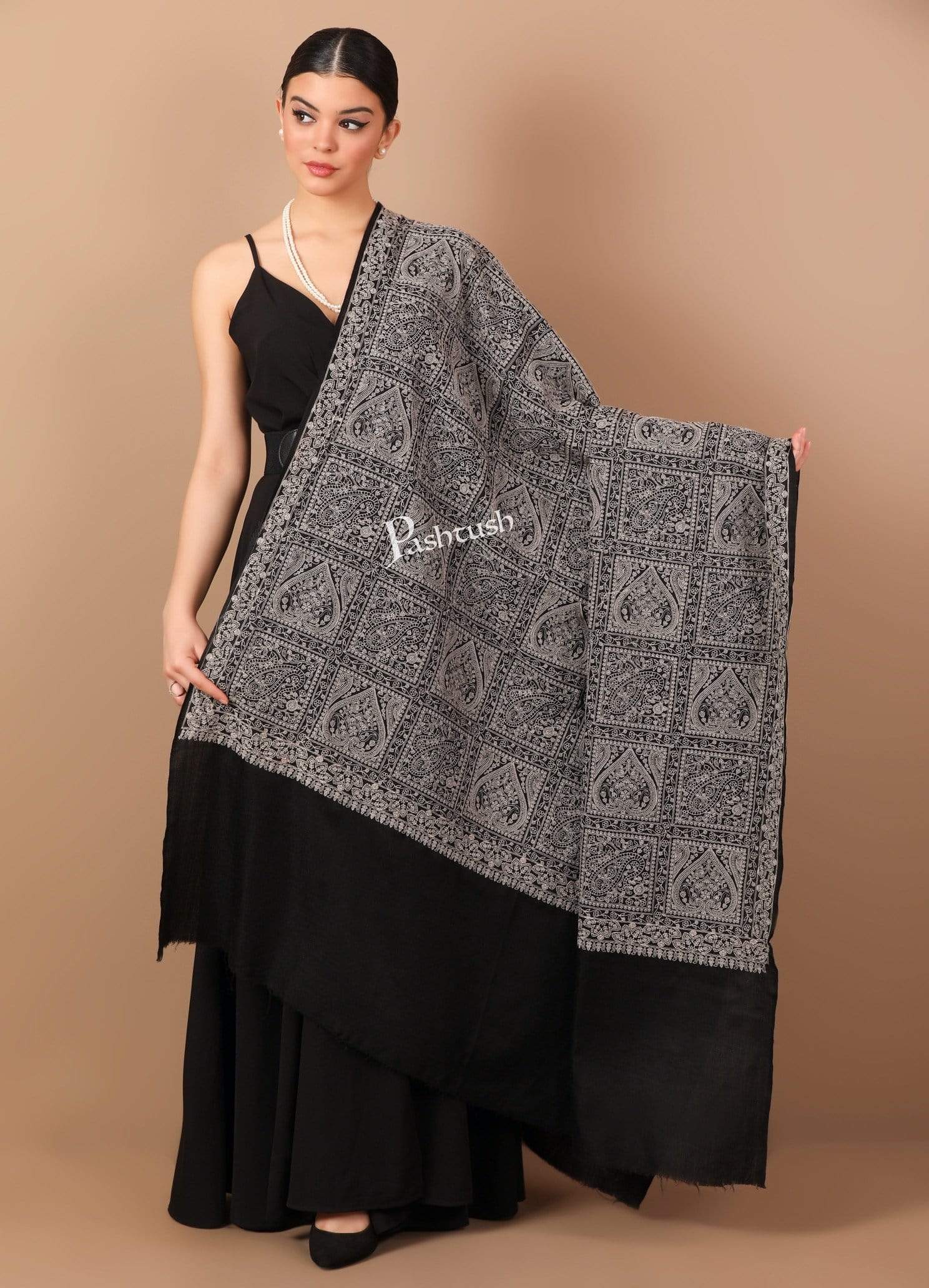 Pashtush Womens Shawl With Tone On Tone Embroidery, Soft And Warm, Rich Black