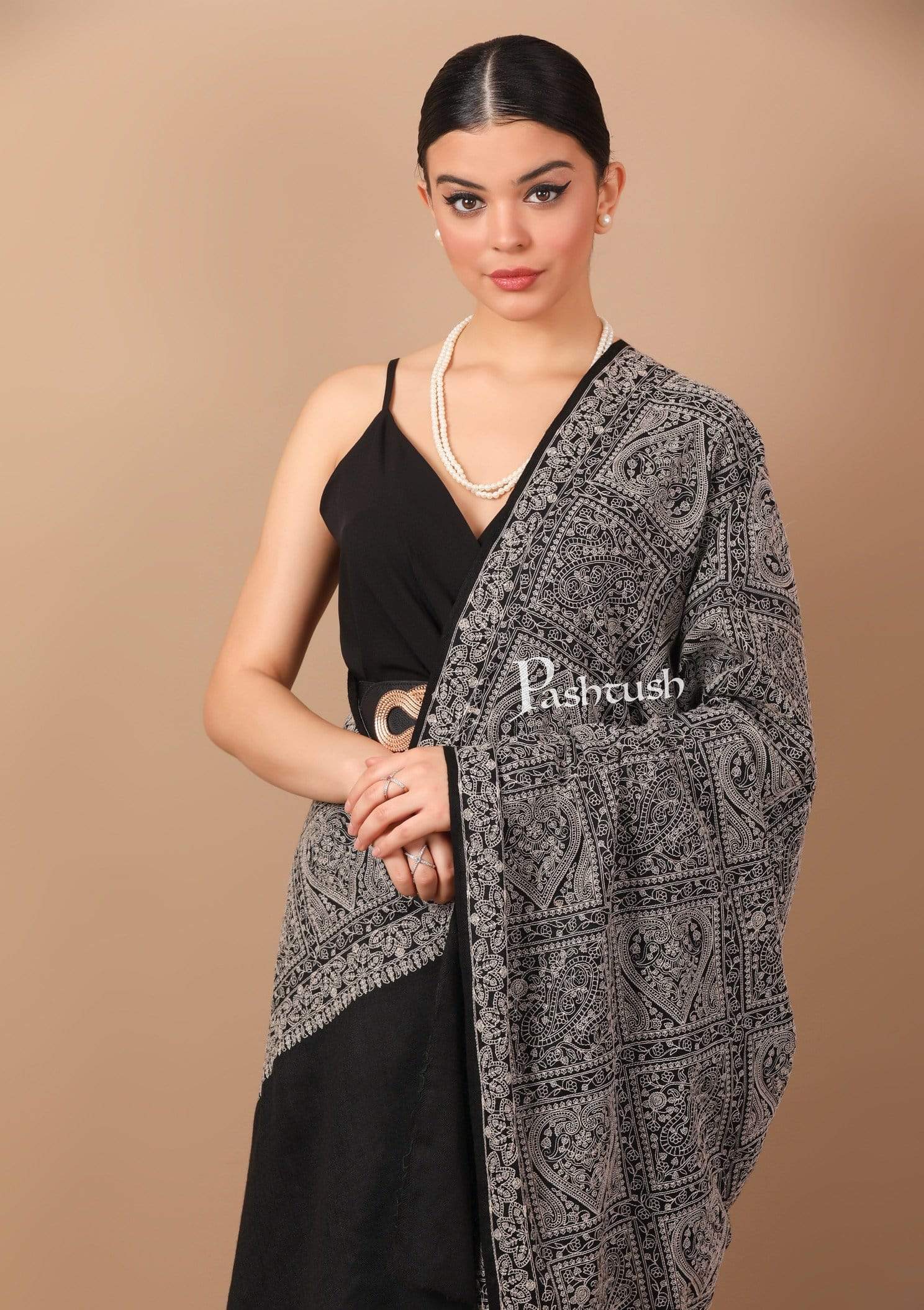 Pashtush Womens Shawl With Tone On Tone Embroidery, Soft And Warm, Rich Black - Image 5