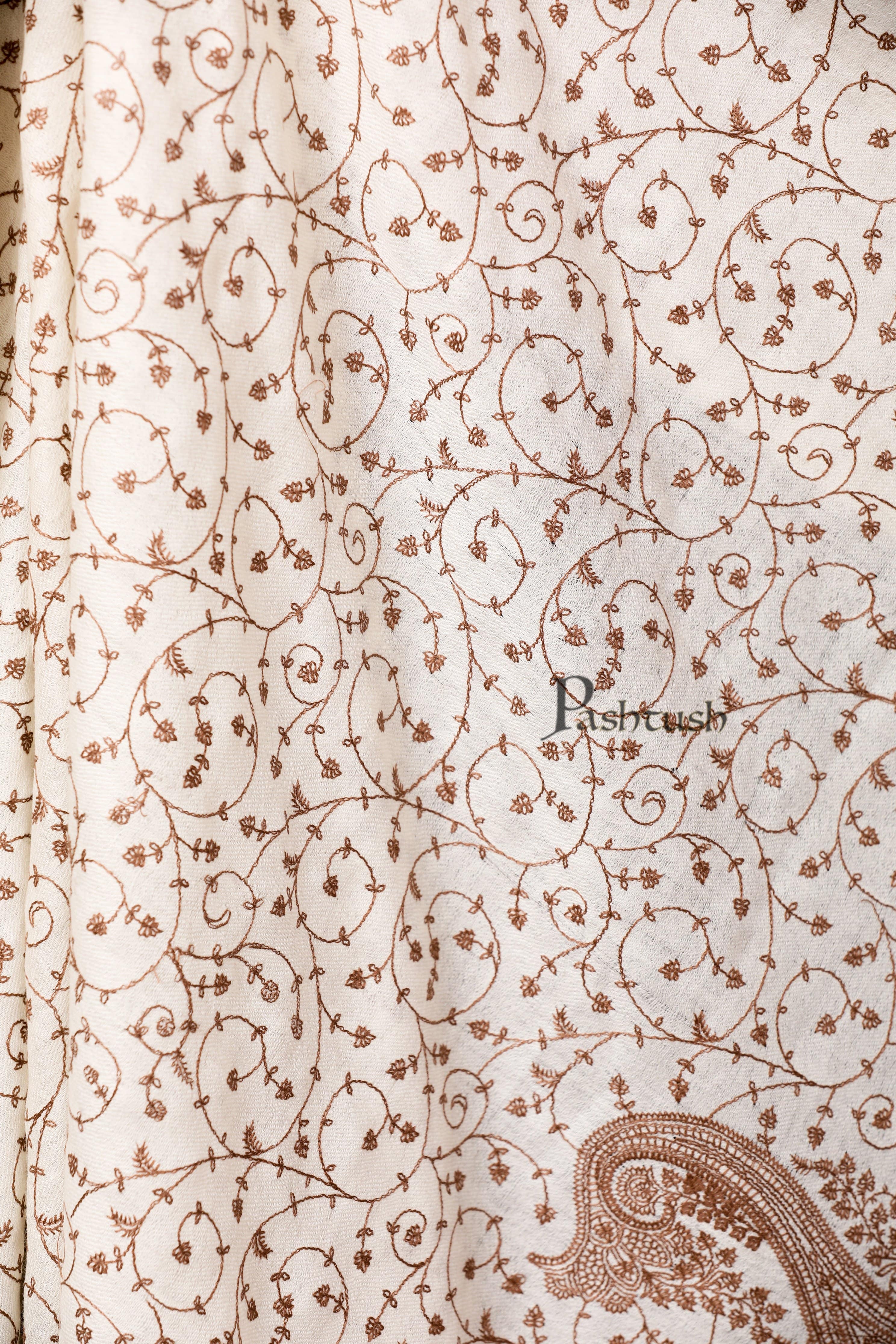 Pashtush Womens Shawl With Tone On Tone Embroidery, Soft Warm, Light Weight Wool,Ivory - Image 3