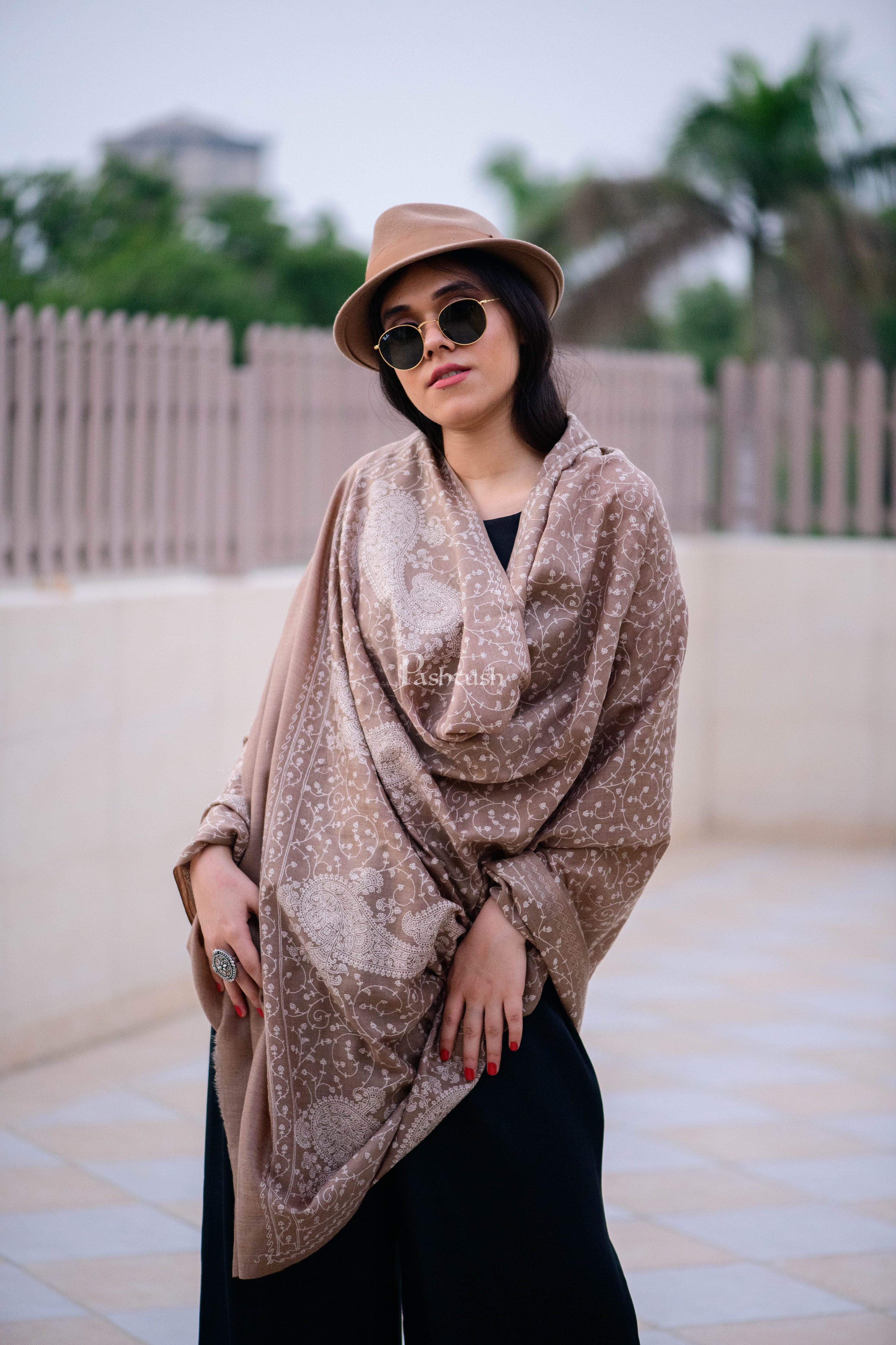 Pashtush Womens Shawl With Tone On Tone Embroidery, Soft Warm, Light Weight Wool