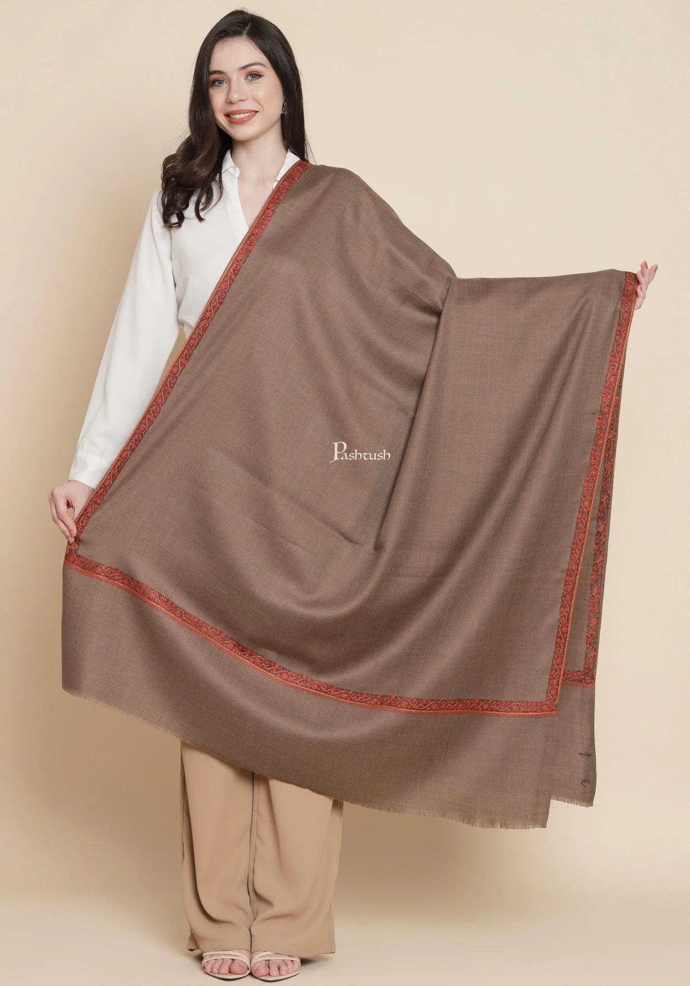 Pashtush Womens Shawl, Woollen, Ethnic Motif Kashmiri Haashia Hand Embroidery, Taupe