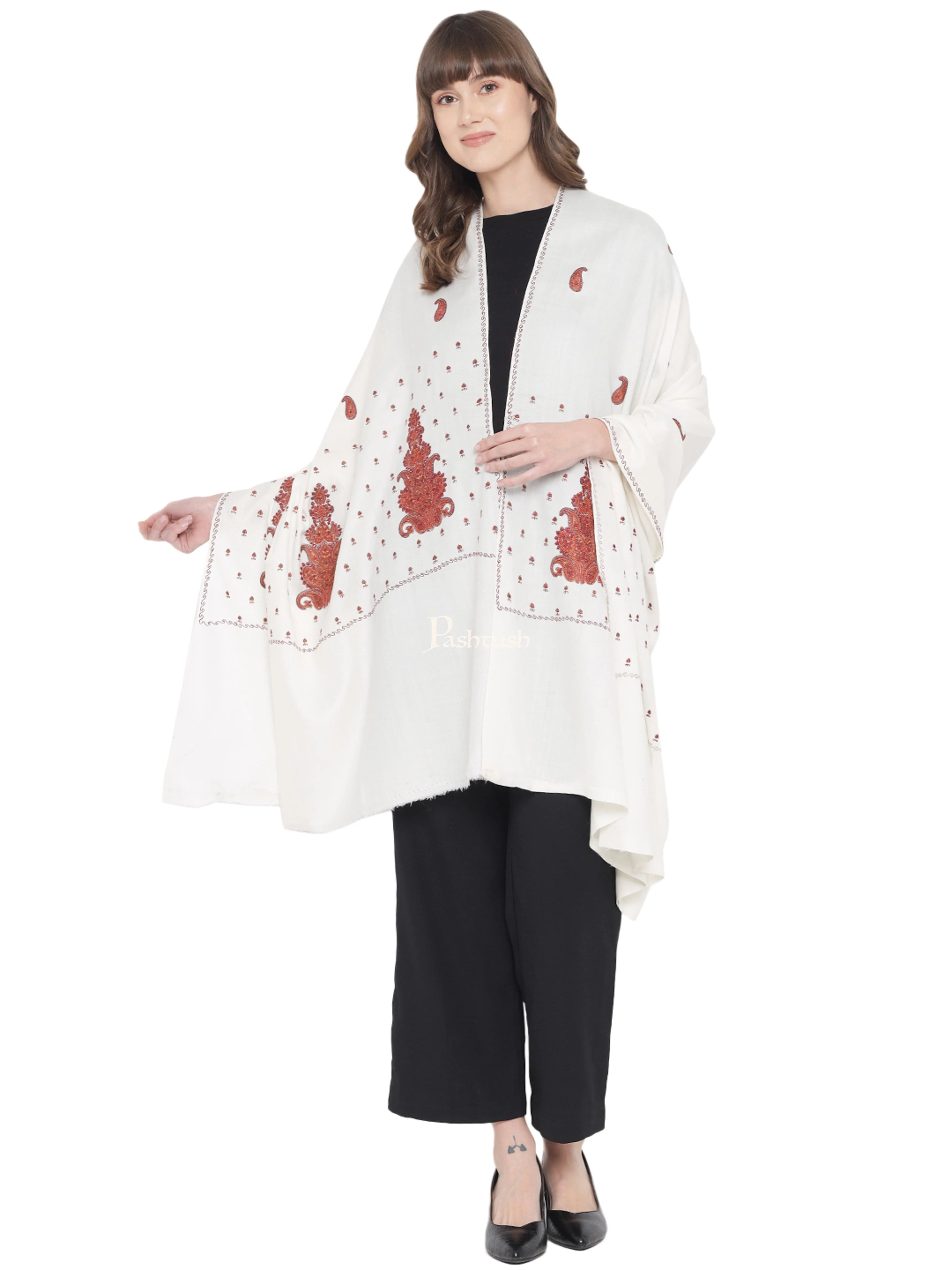 Pashtush Womens Shawl, Woollen, Needlework Embroidery, White