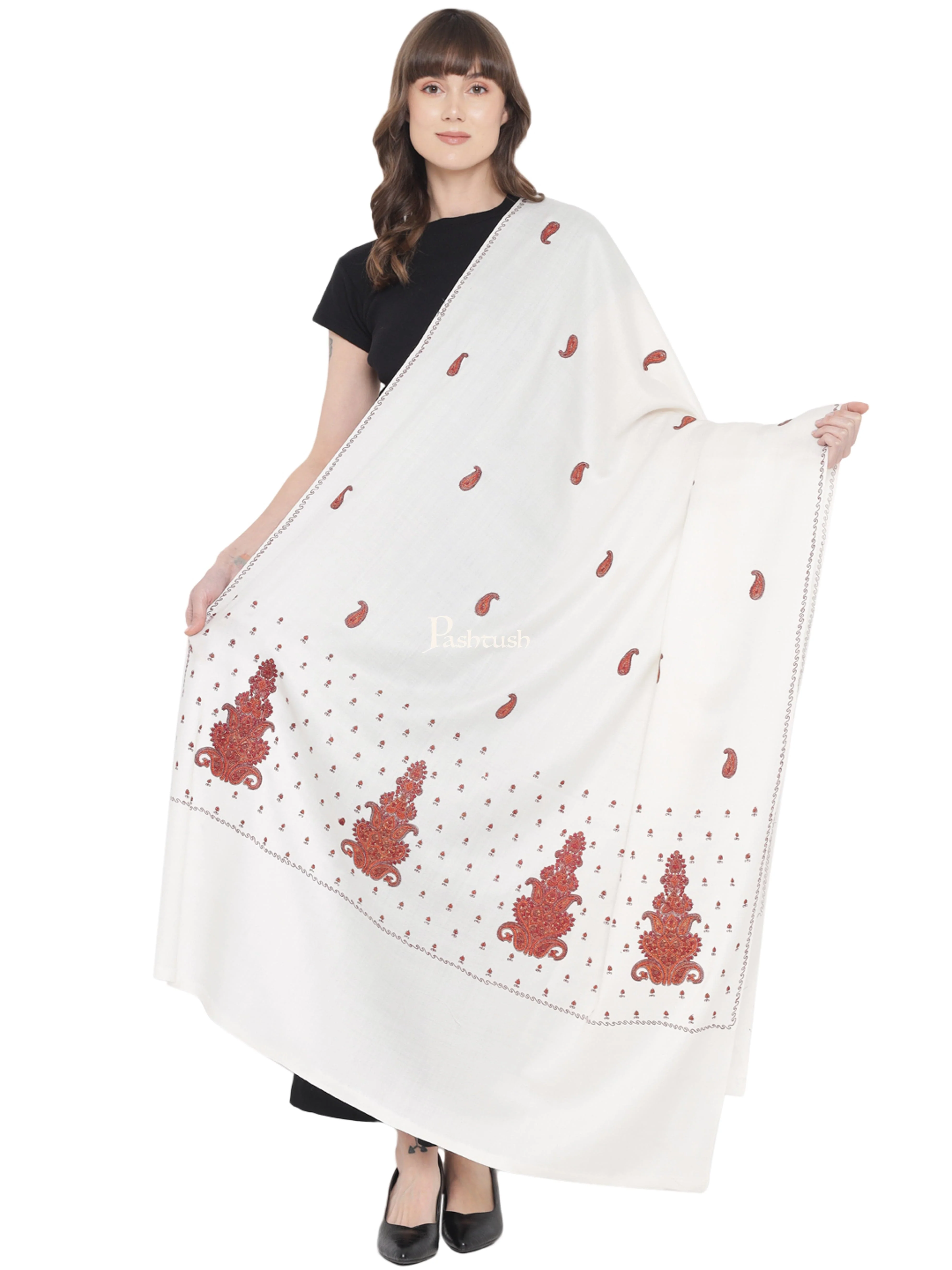 Pashtush Womens Shawl, Woollen, Needlework Embroidery, White - Image 3