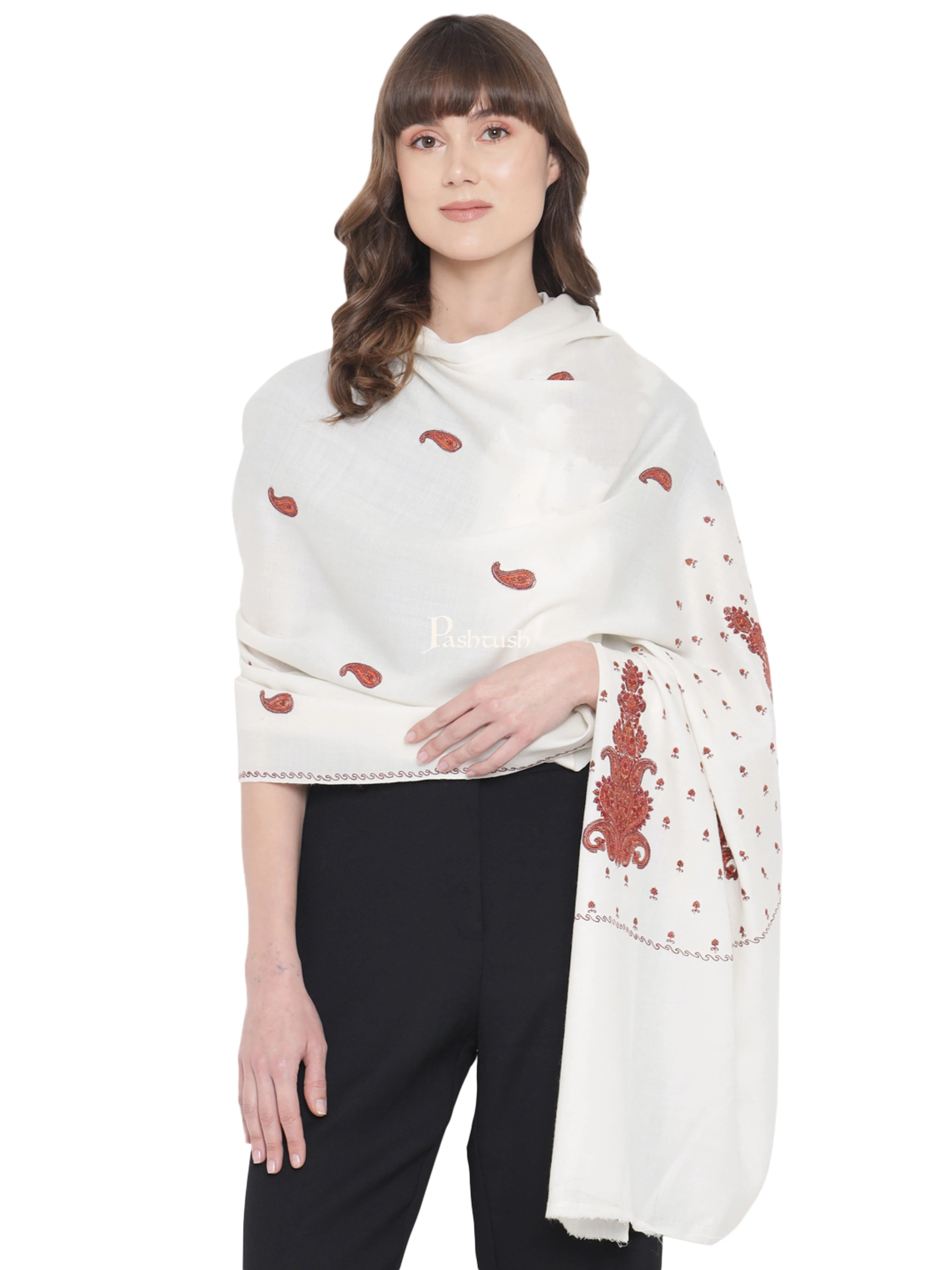 Pashtush Womens Shawl, Woollen, Needlework Embroidery, White - Image 4