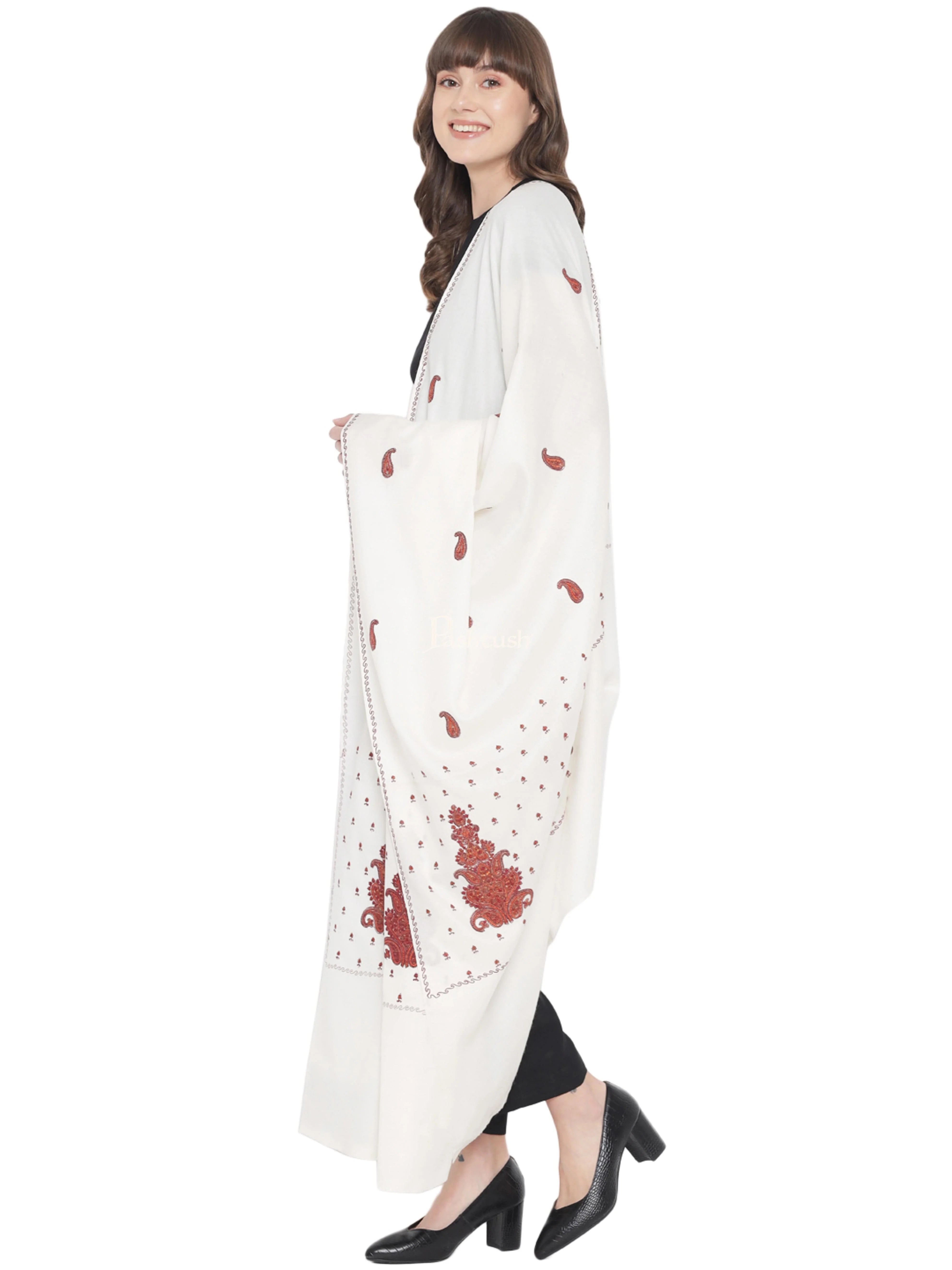 Pashtush Womens Shawl, Woollen, Needlework Embroidery, White - Image 5