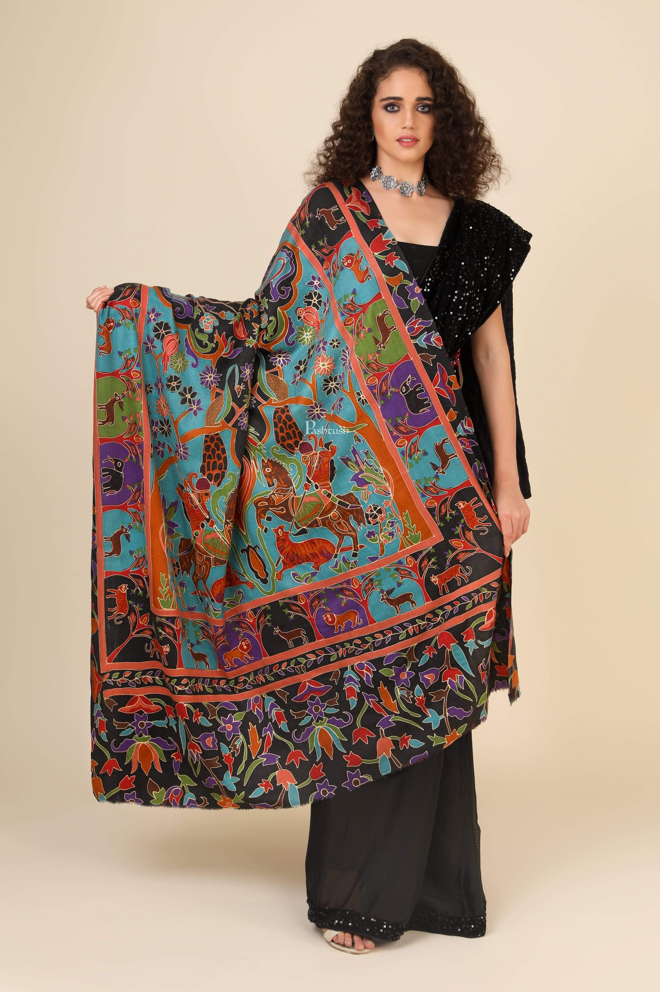 Pashtush Womens Shikaar-Dar Hand Embroidered, Shawl In Fine Wool