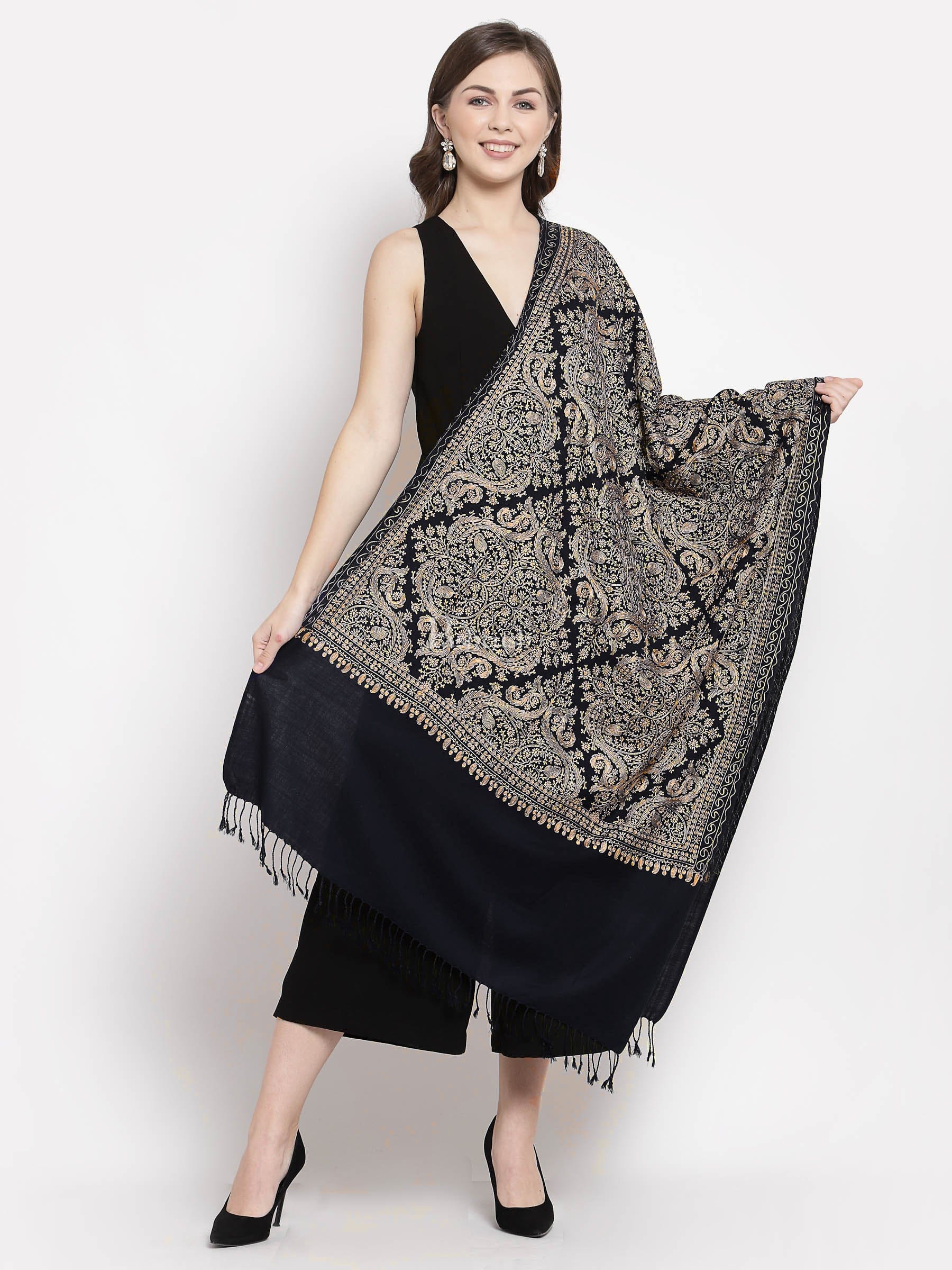 Pashtush Womens Silk-Fine Wool Blend Wool, Nalki Embroidery Needlework Stole, Black