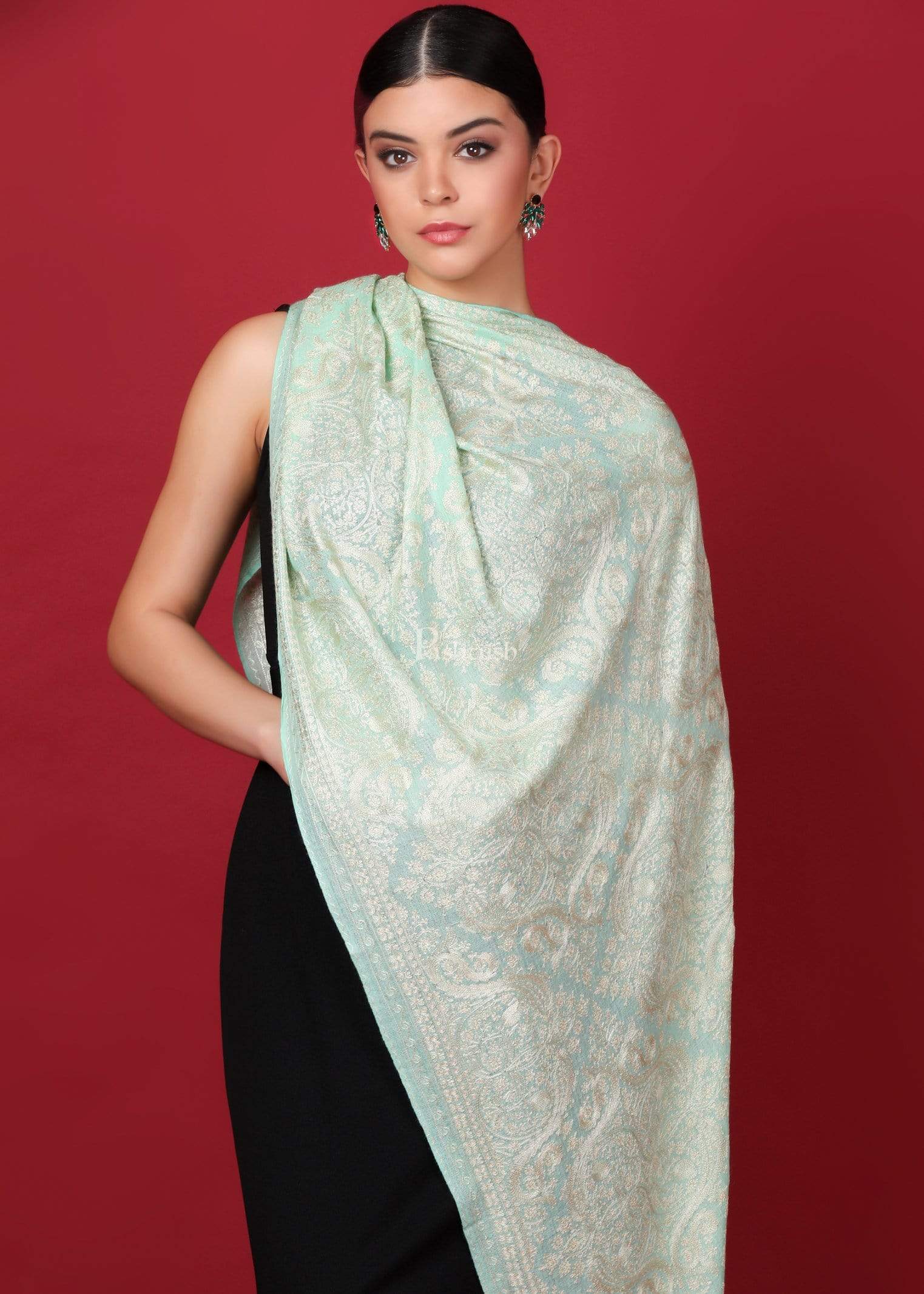 Pashtush Womens Silk-Fine Wool Blended Fine Wool, Nalki Embroidery Needlework Stole, Pistachio Green