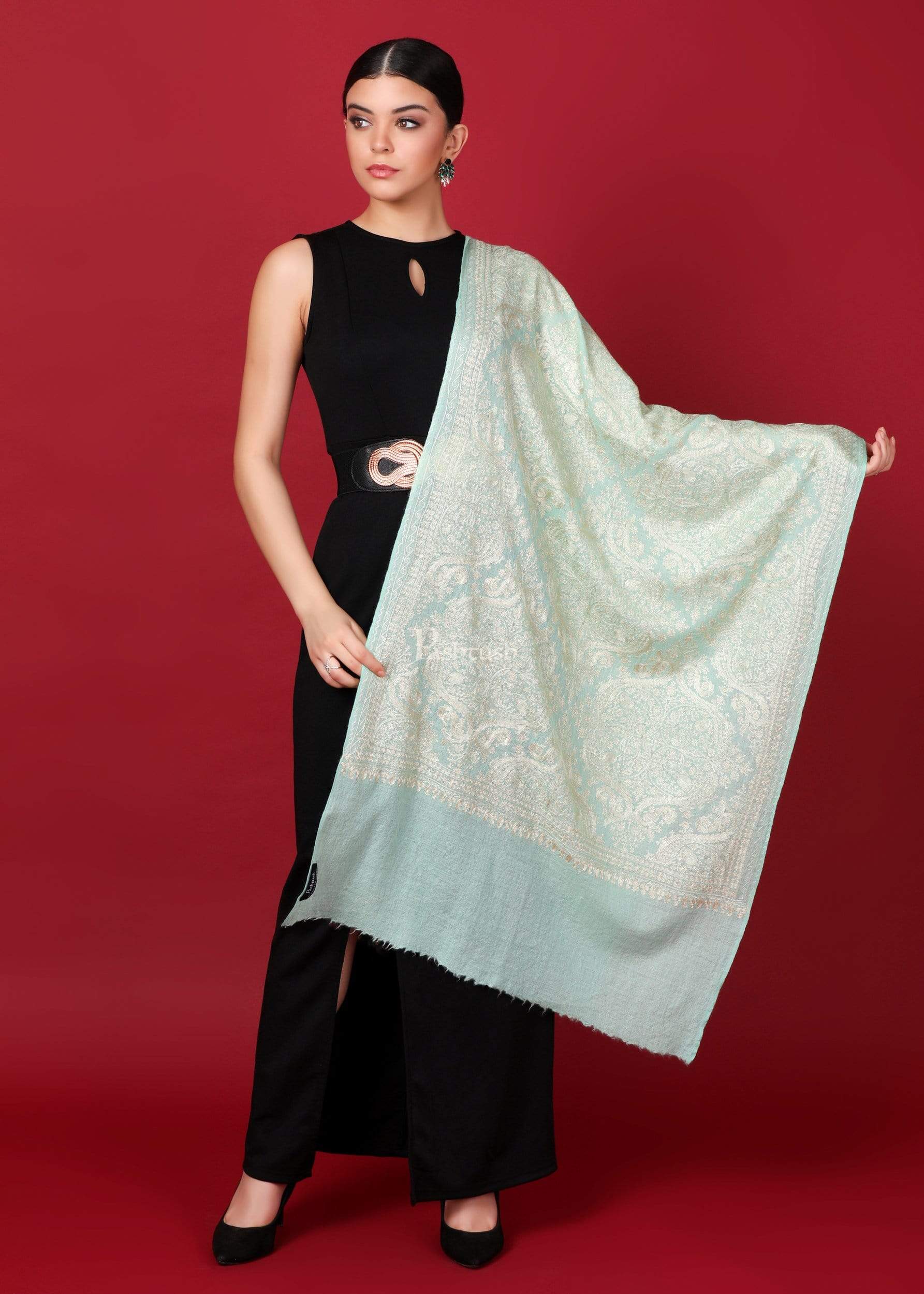 Pashtush Womens Silk-Fine Wool Blended Fine Wool, Nalki Embroidery Needlework Stole, Pistachio Green - Image 2