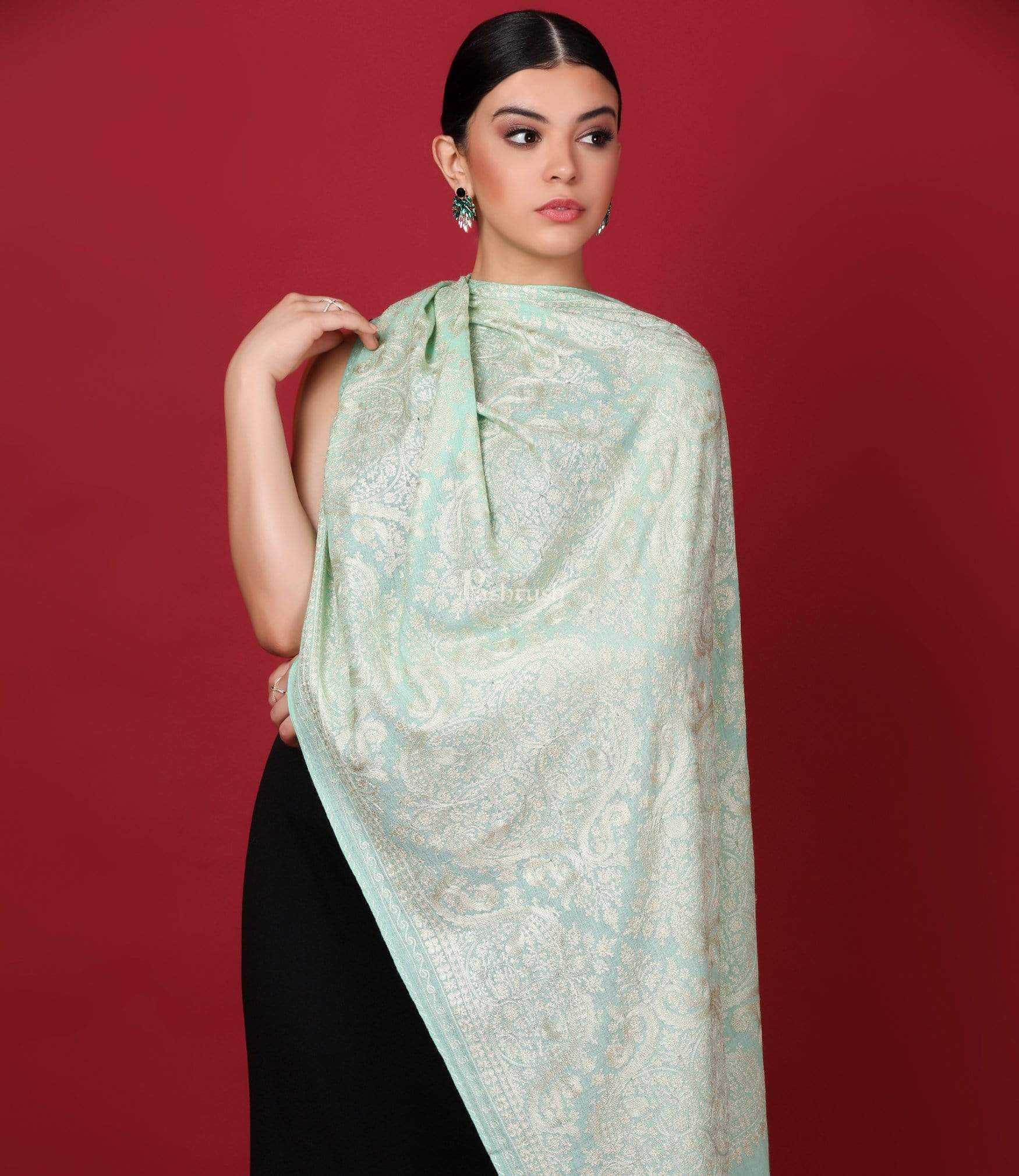 Pashtush Womens Silk-Fine Wool Blended Fine Wool, Nalki Embroidery Needlework Stole, Pistachio Green - Image 4