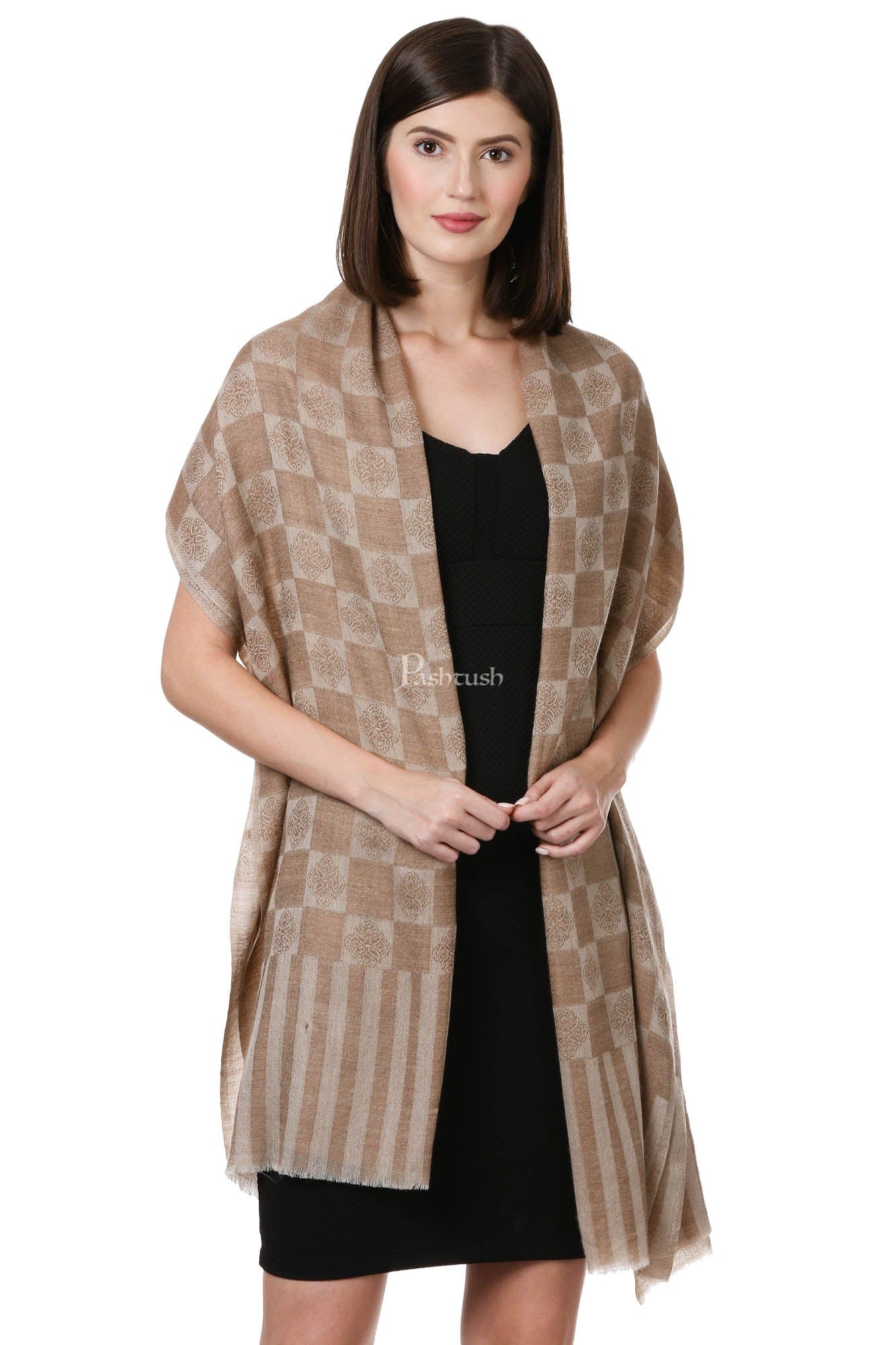 Pashtush Women'S Silk-Fine Wool Reversible Stole, Dark Beige - Image 5