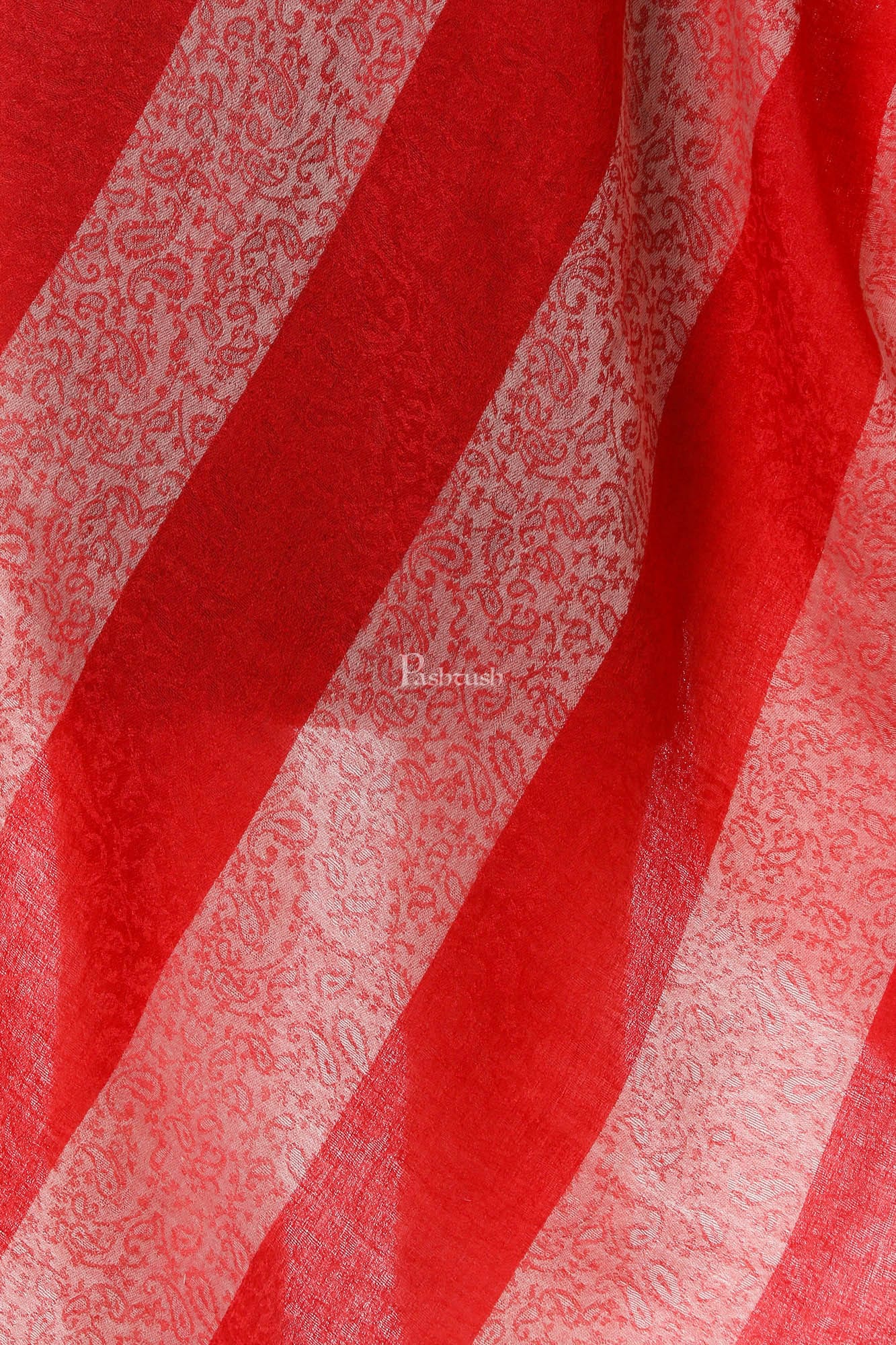 Pashtush Women'S Silk-Fine Wool Feel Reversible Stole, Striped Scarf, Scarlet Red - Image 2