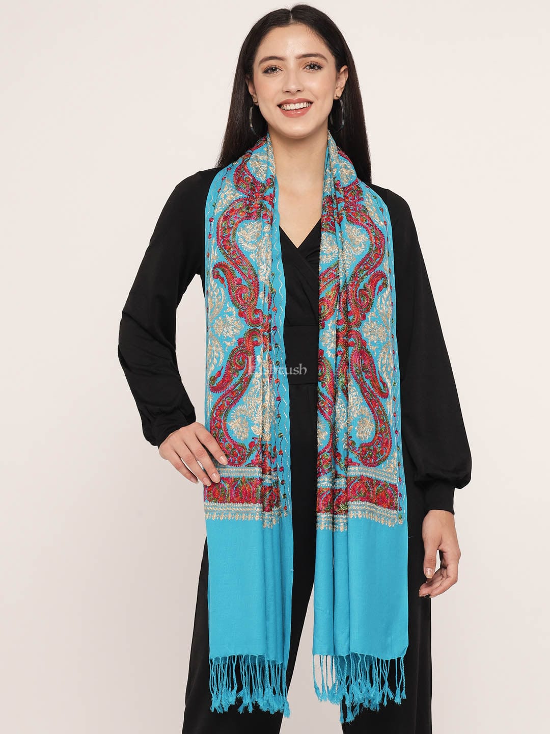 Pashtush Women'S Silk Wool Hand Embroidery Stole, Extra Soft