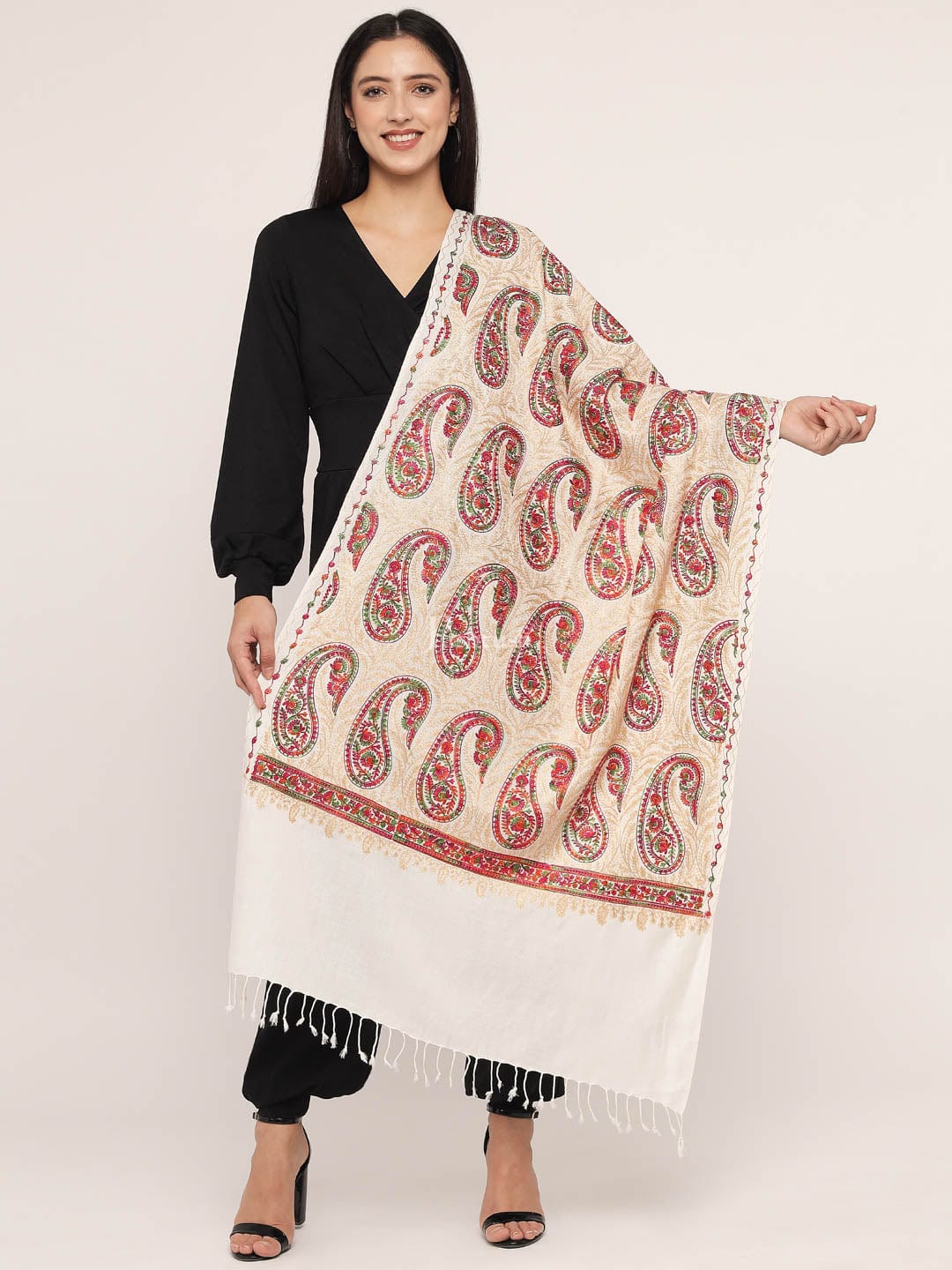 Pashtush Women'S Silk Wool Hand Embroidery Stole, Extra Soft