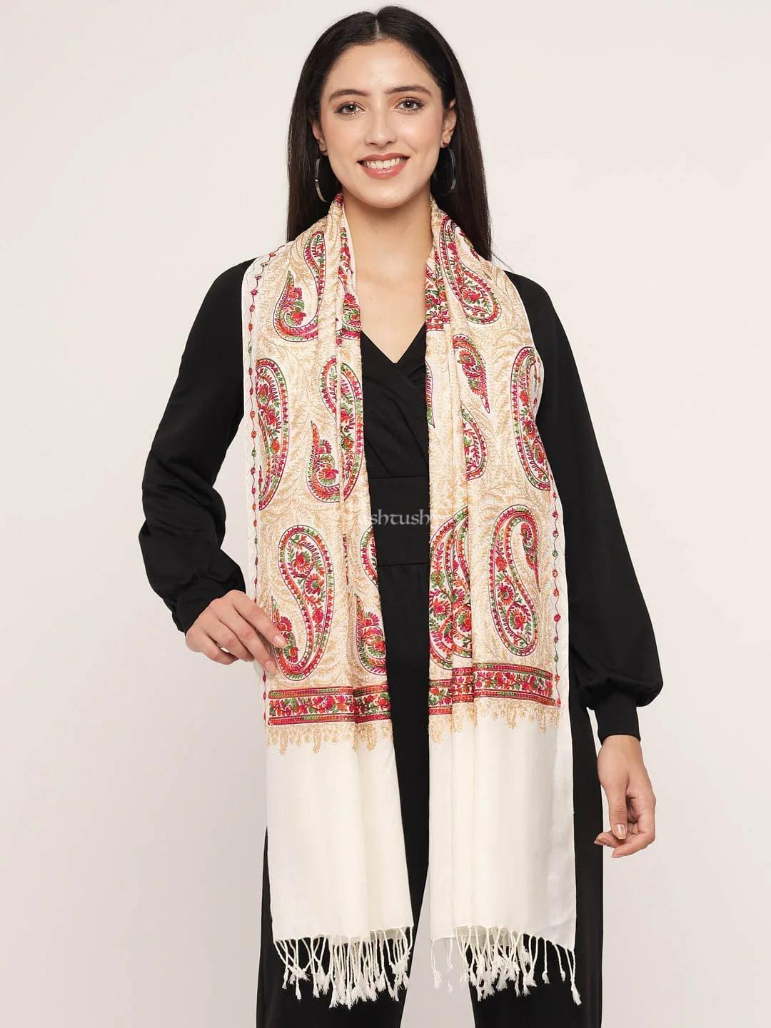 Pashtush Women'S Silk Wool Hand Embroidery Stole, Extra Soft - Image 3
