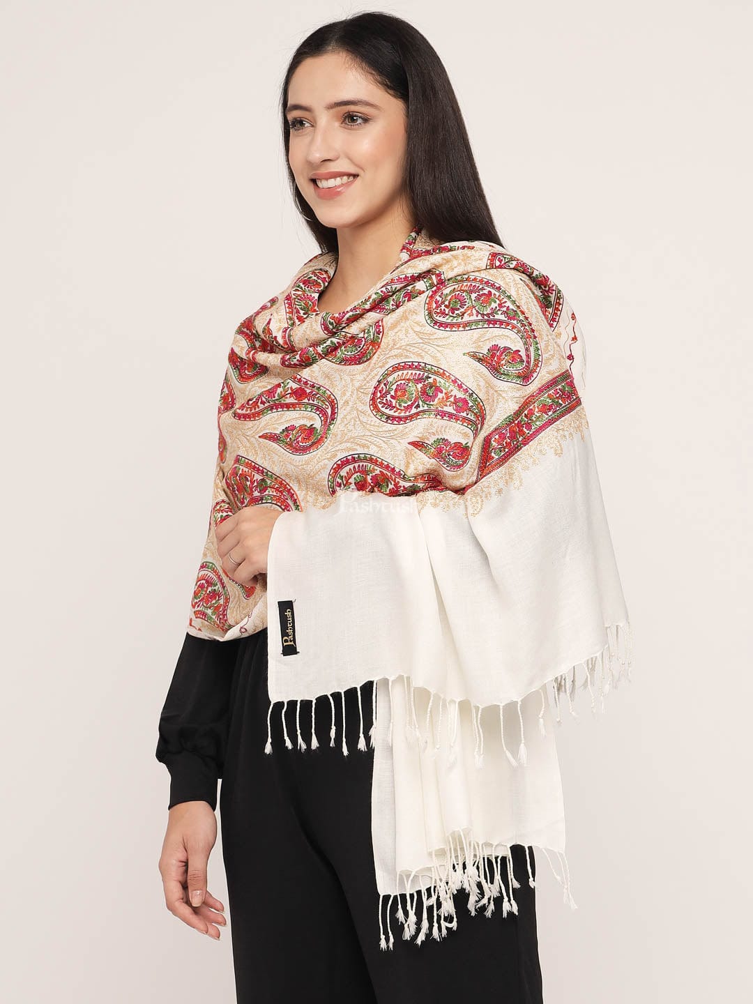 Pashtush Women'S Silk Wool Hand Embroidery Stole, Extra Soft - Image 4