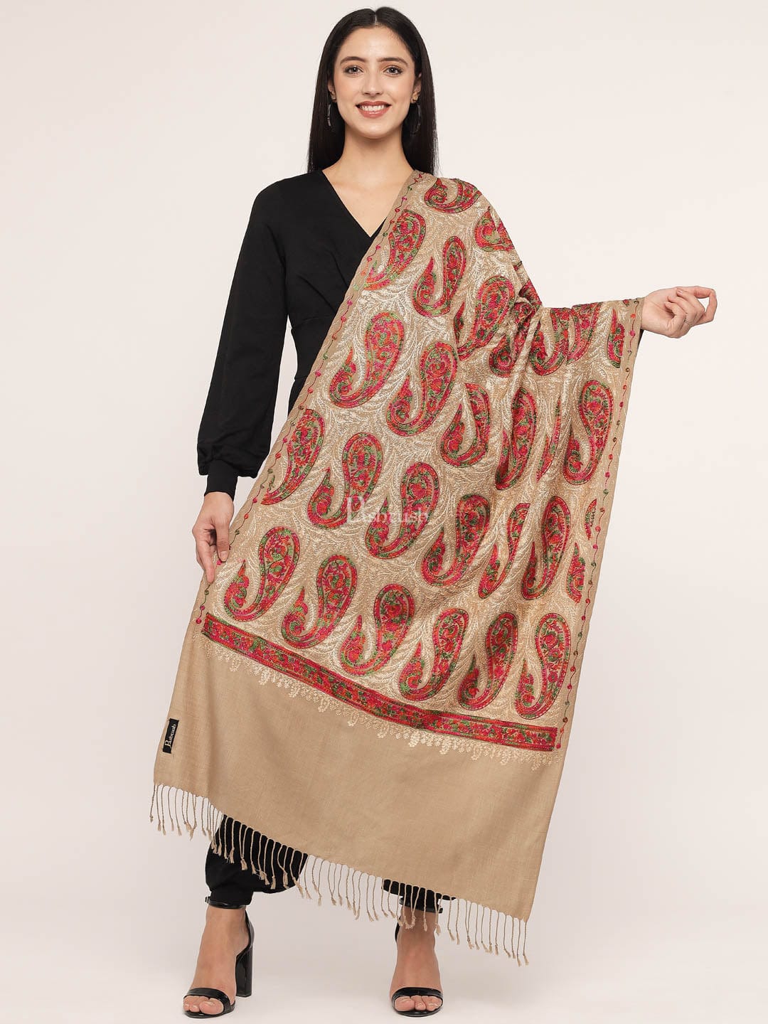 Pashtush Women'S Silk Wool Hand Embroidery Stole, Extra Soft - Image 2
