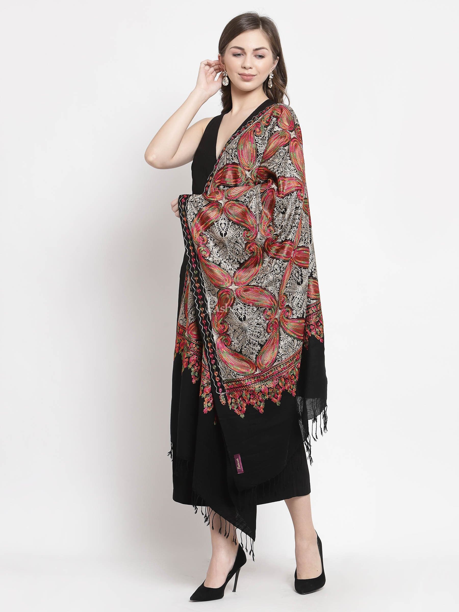 Pashtush Women'S Silk Wool Hand Embroidery Stole, Extra Soft Black - Image 3