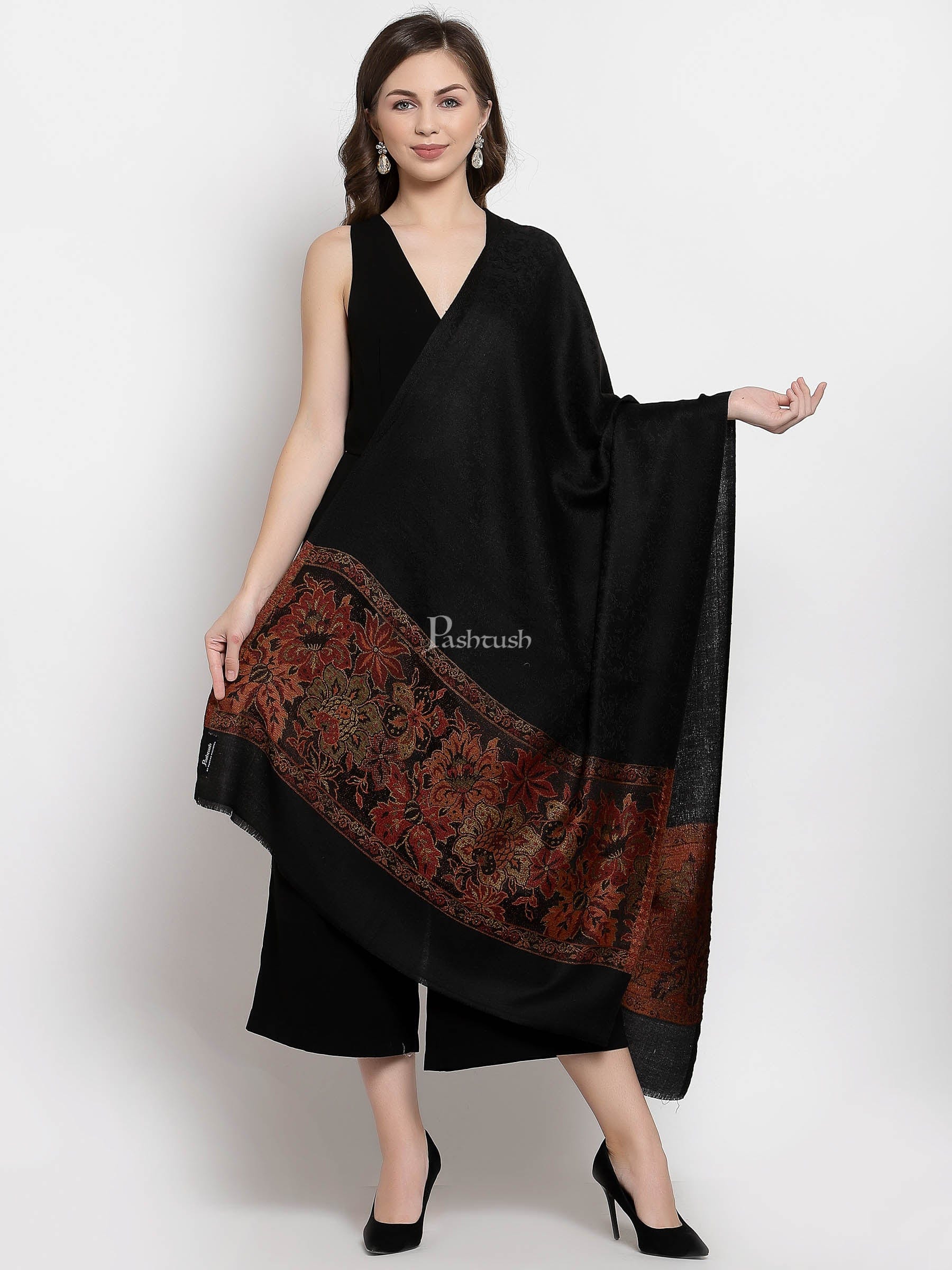 Pashtush Women'S Silk-Wool Reversible Floral Scarf, Soft And Warm Black