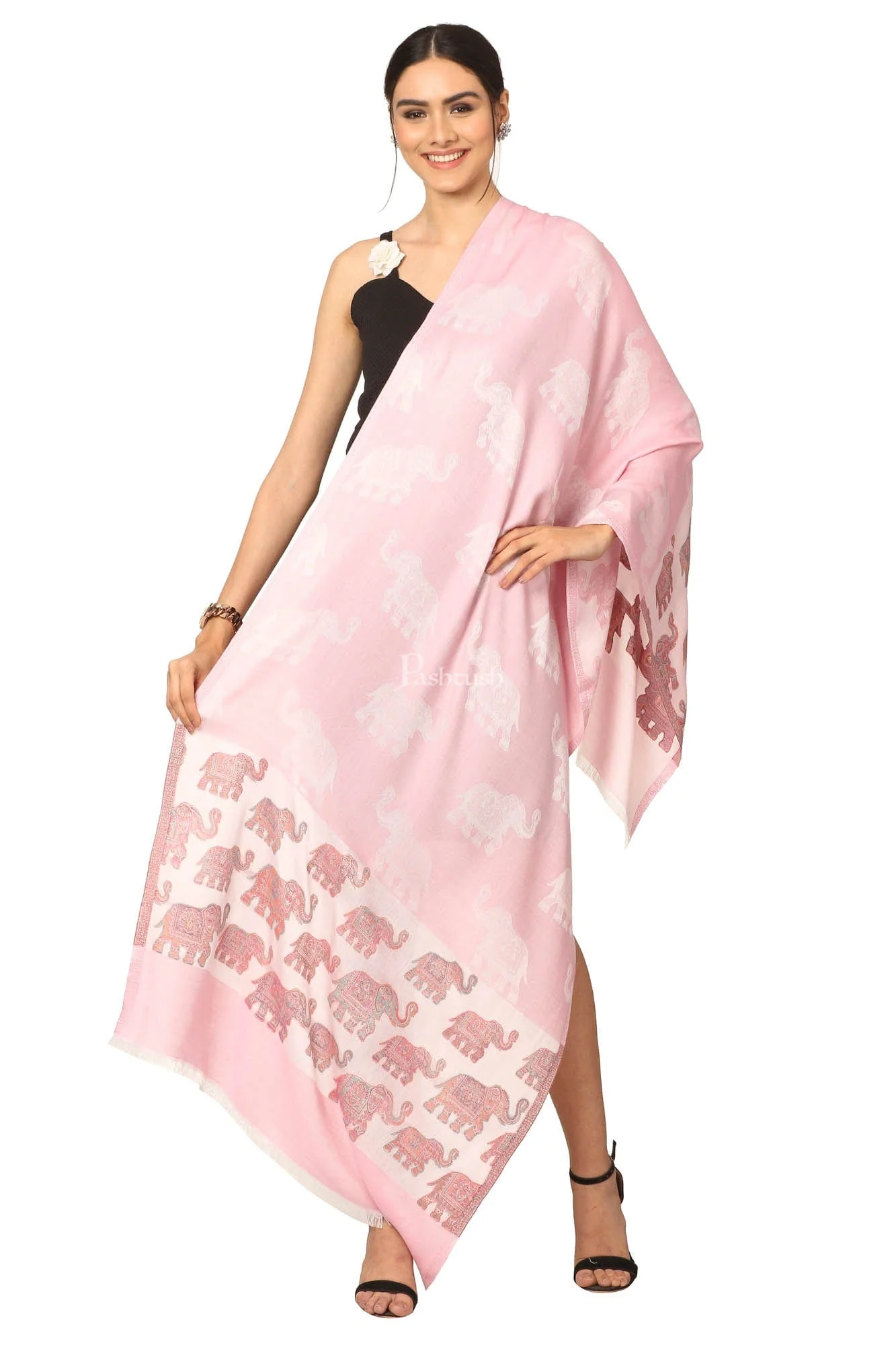 Pashtush Women'S Soft Bamboo Scarf, Happy Elephant Woven Design,light peach - Image 4