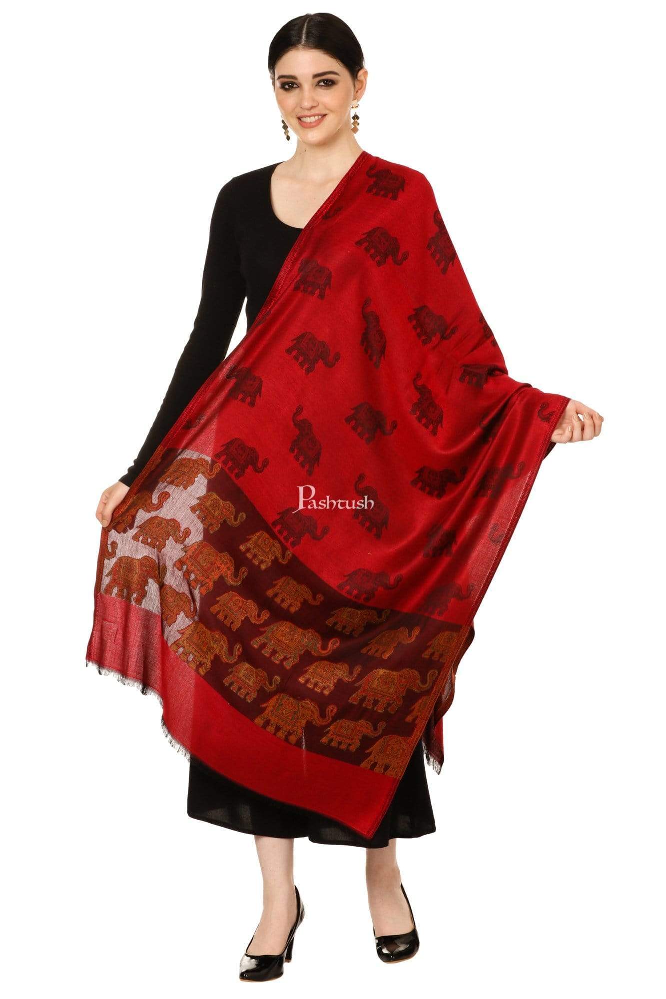 Pashtush Women'S Soft Bamboo Scarf, Happy Elephants Woven Design, Maroon