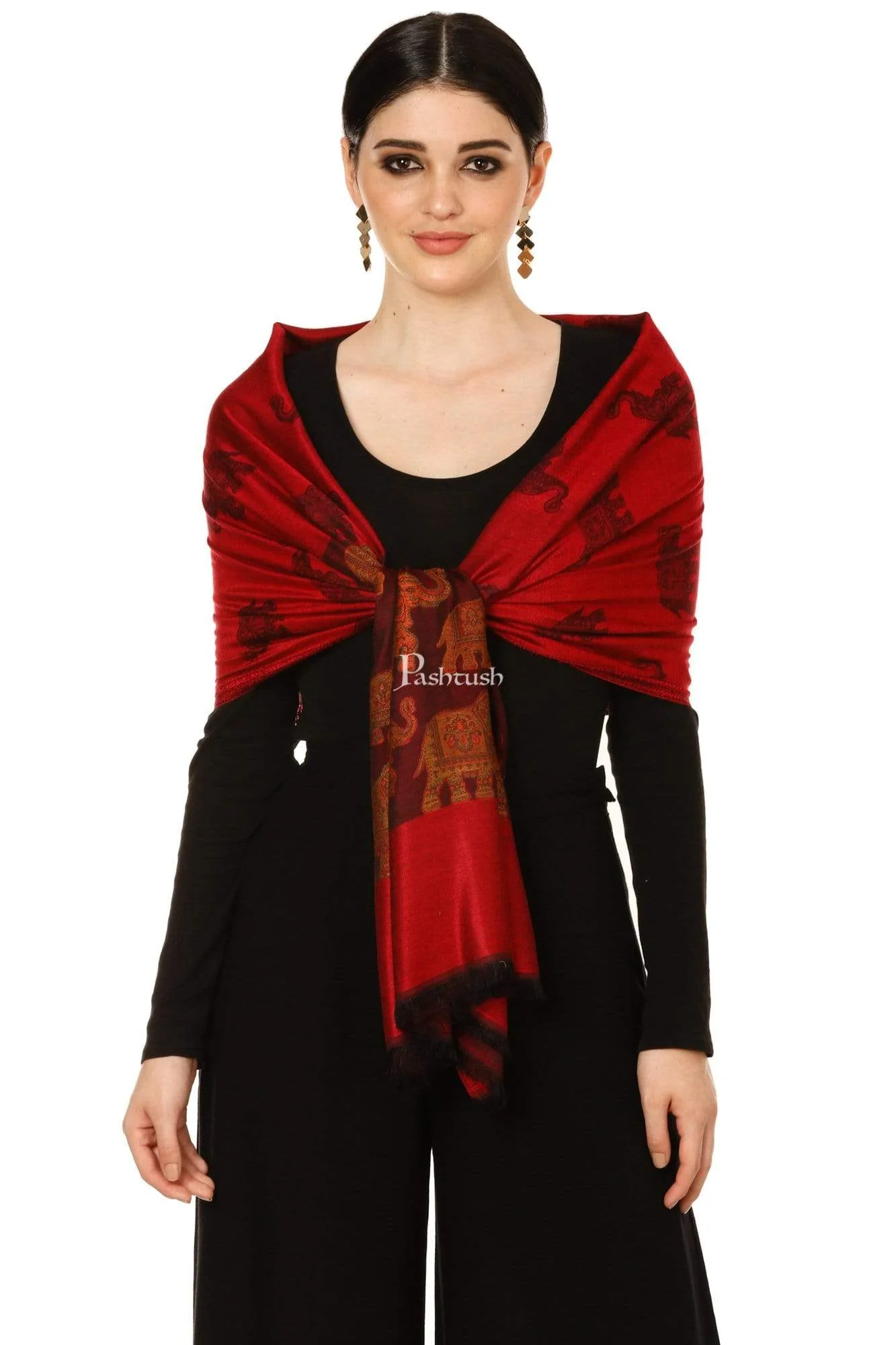 Pashtush Women'S Soft Bamboo Scarf, Happy Elephants Woven Design, Maroon - Image 3
