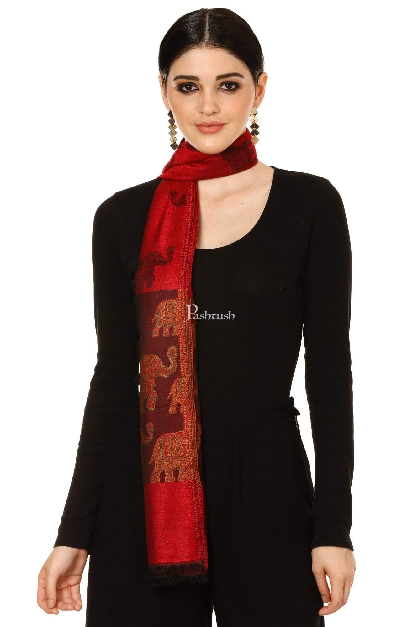 Pashtush Women'S Soft Bamboo Scarf, Happy Elephants Woven Design, Maroon - Image 4