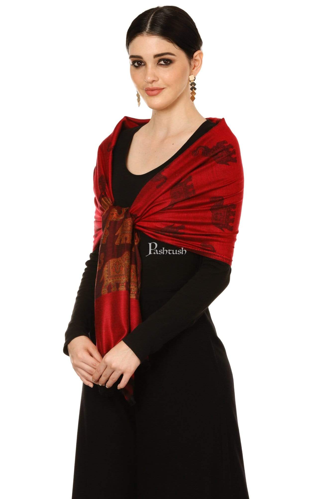 Pashtush Women'S Soft Bamboo Scarf, Happy Elephants Woven Design, Maroon - Image 5
