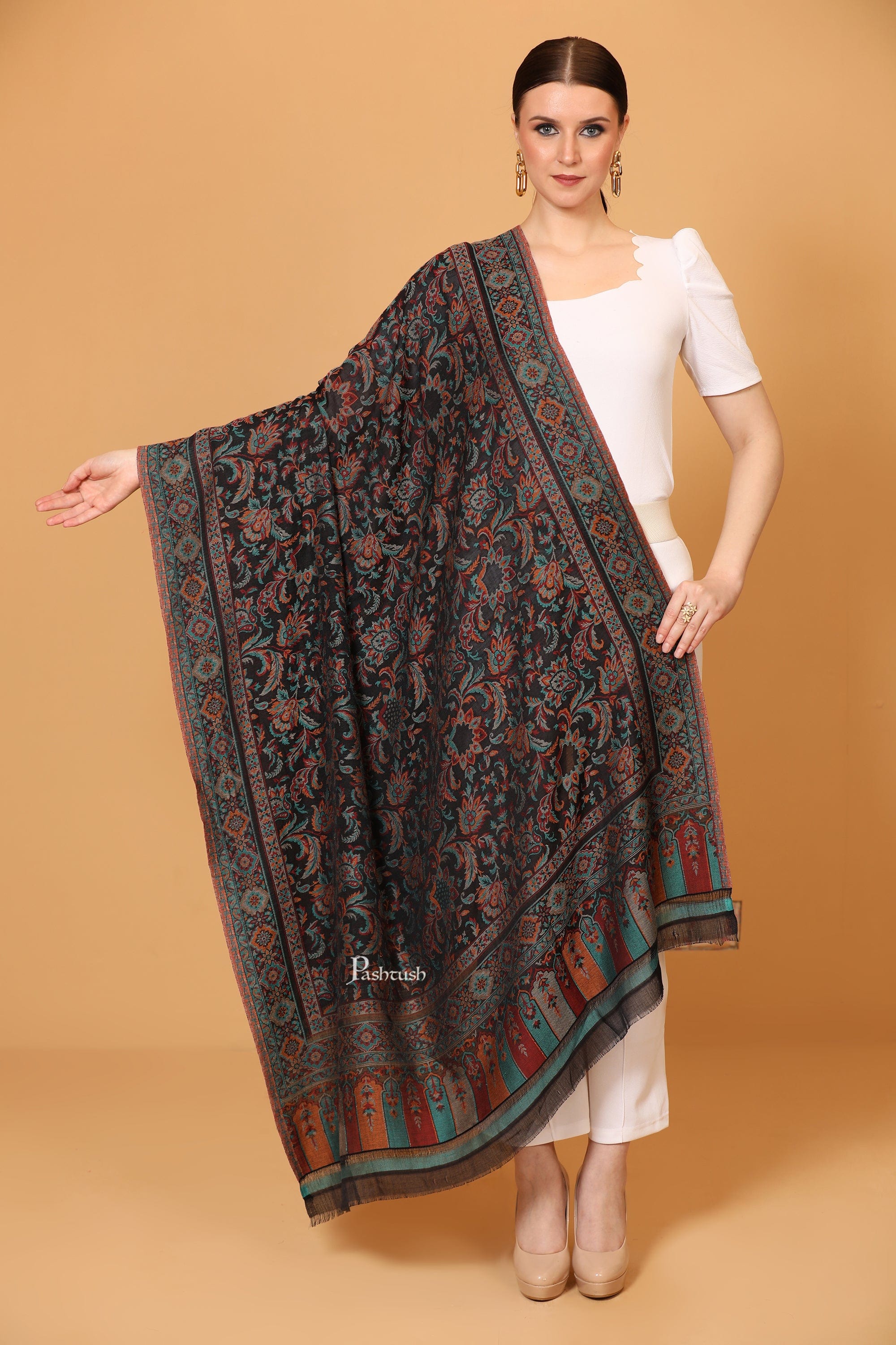 Pashtush Womens Soft Bamboo Shawl, With Woven Ethnic Paisley Weave, Black - Image 3
