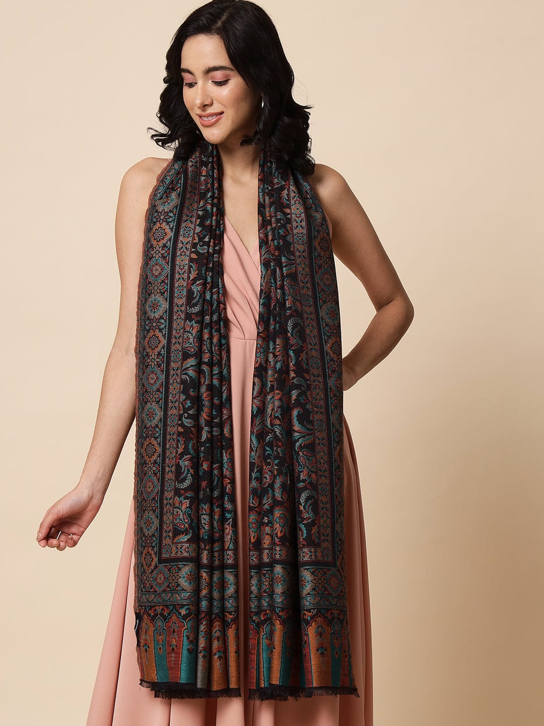 Pashtush Womens Soft Bamboo Shawl, With Woven Ethnic Paisley Weave, Black - Image 6