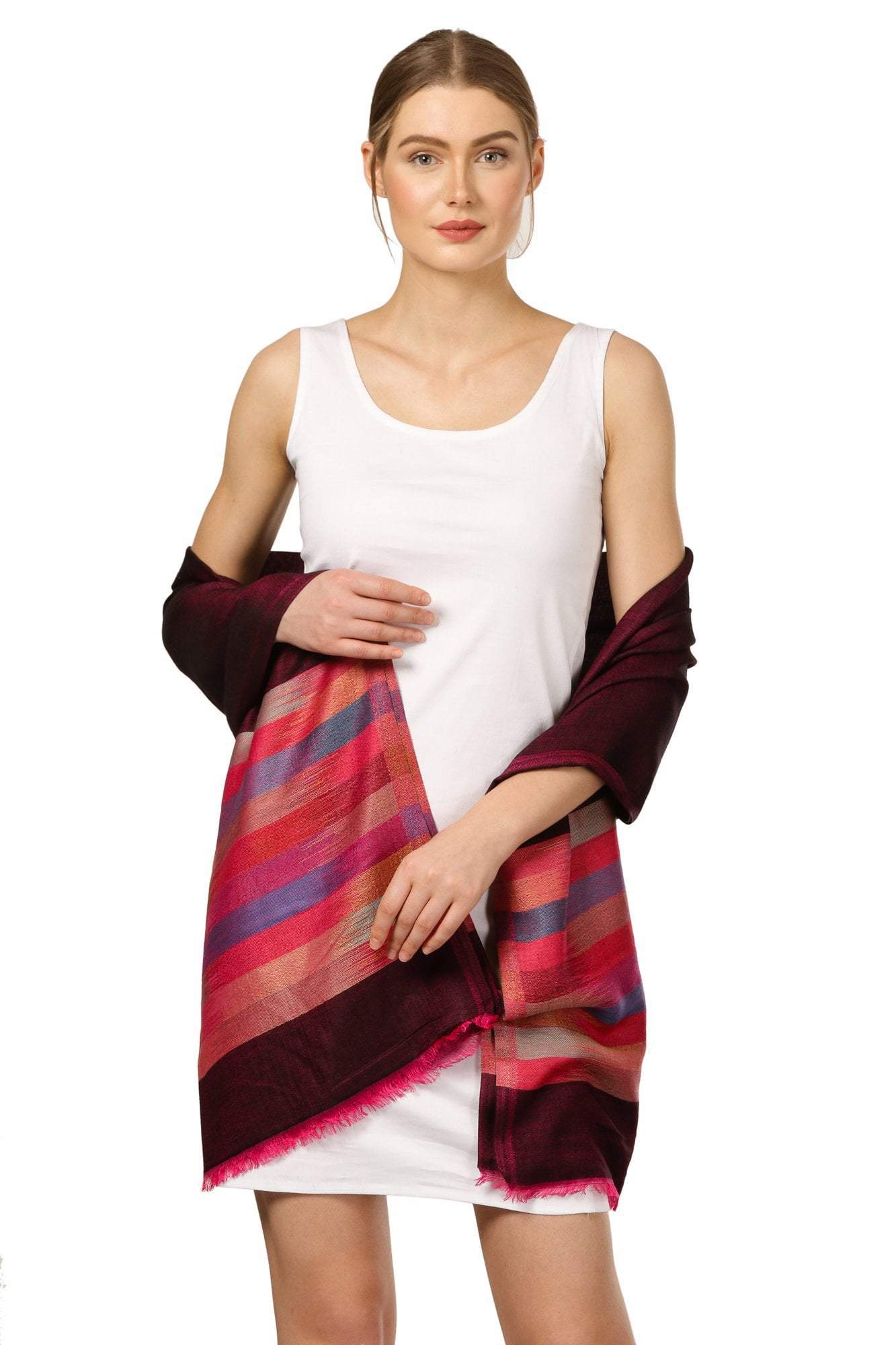 Pashtush Womens Soft Bamboo Stole, Reversible Design, Twin Colored, With Multi Colored Stripes - Image 4