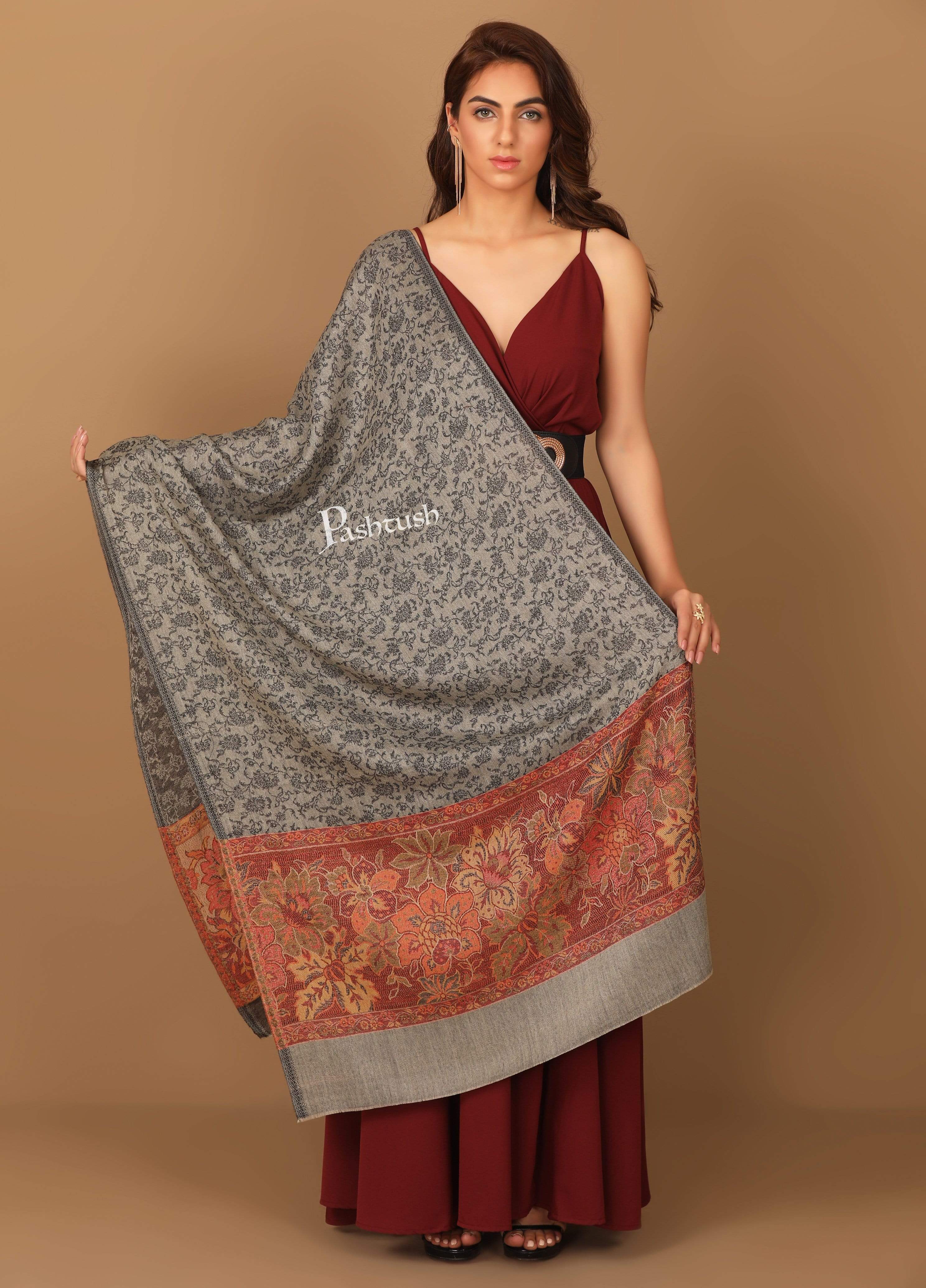 Pashtush Women'S Soft Fine Wool Floral Scarf, Soft And Warm, Light Black