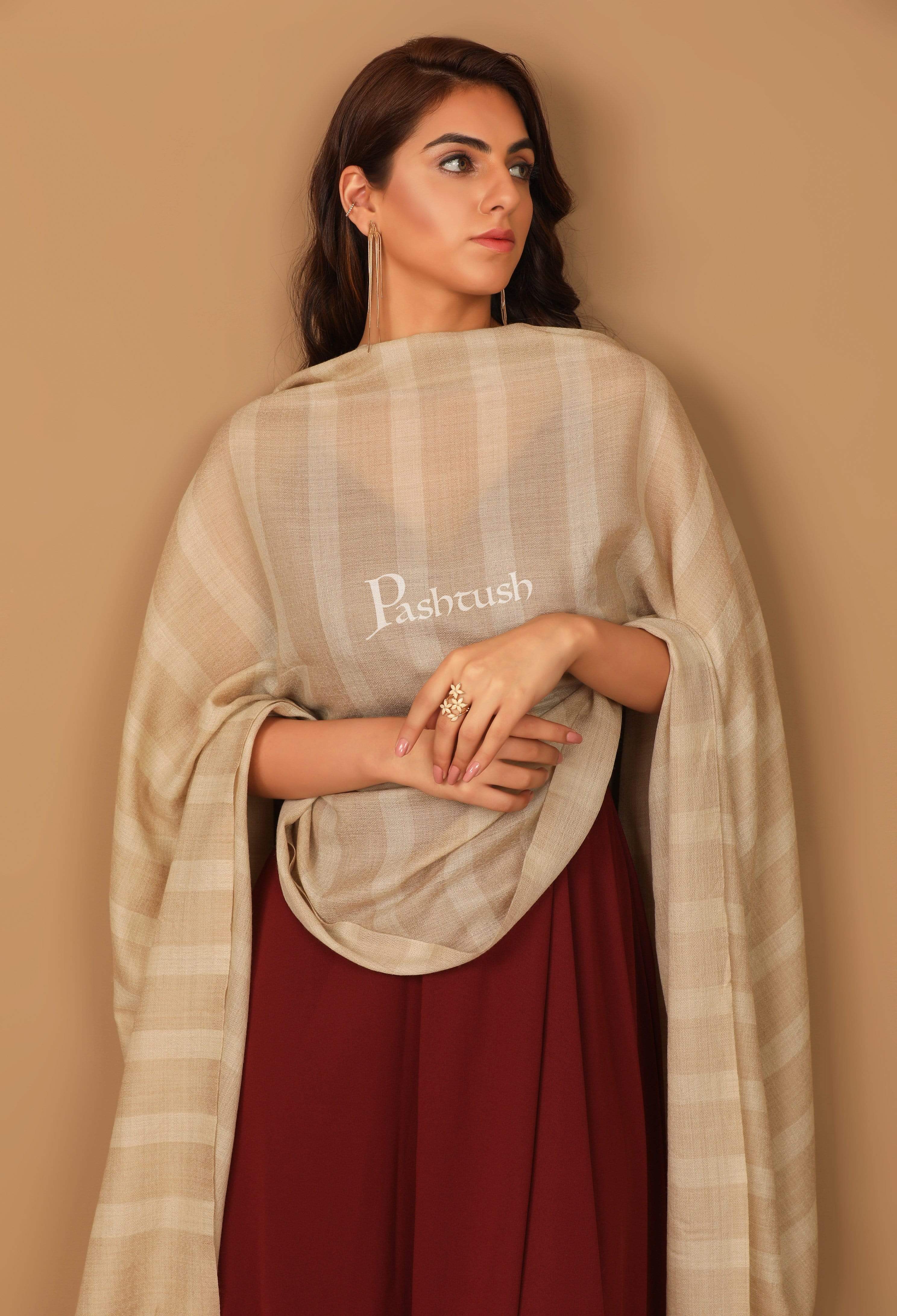 Pashtush Women'S Soft Fine Wool Scarf, Striped Beige