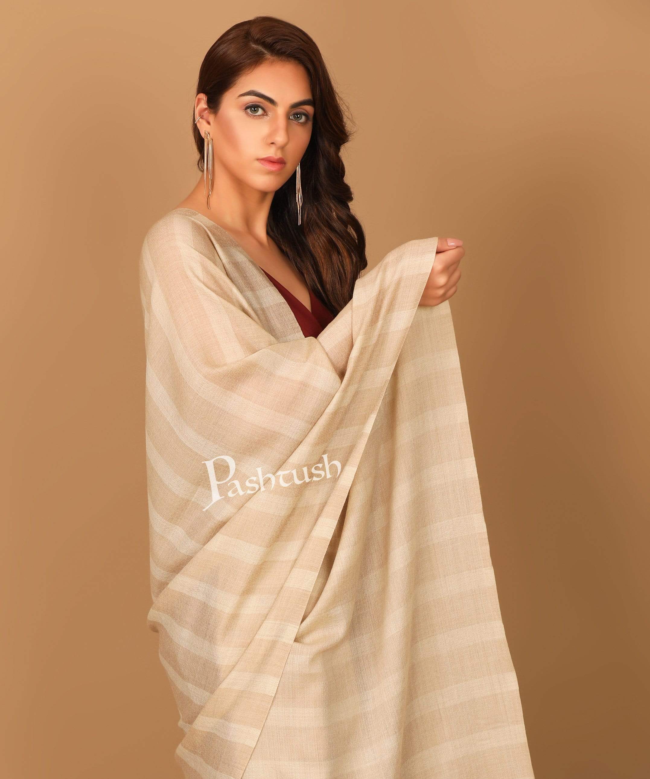 Pashtush Women'S Soft Fine Wool Scarf, Striped Beige - Image 5