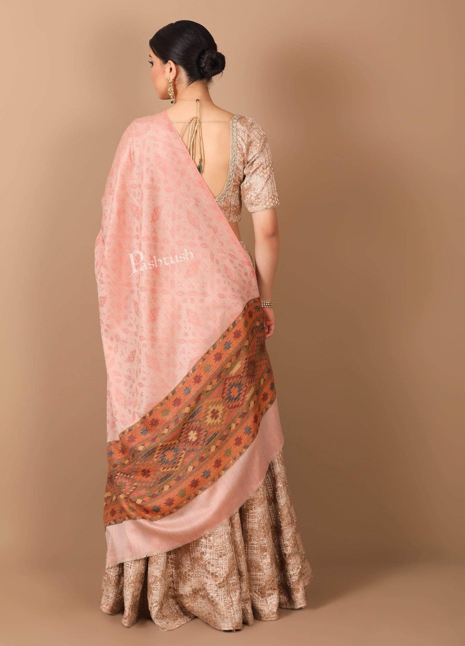 Pashtush Women'S Soft Fine Wool  Shawl With Ethnic Weave Palla, Soft Peach - Image 3