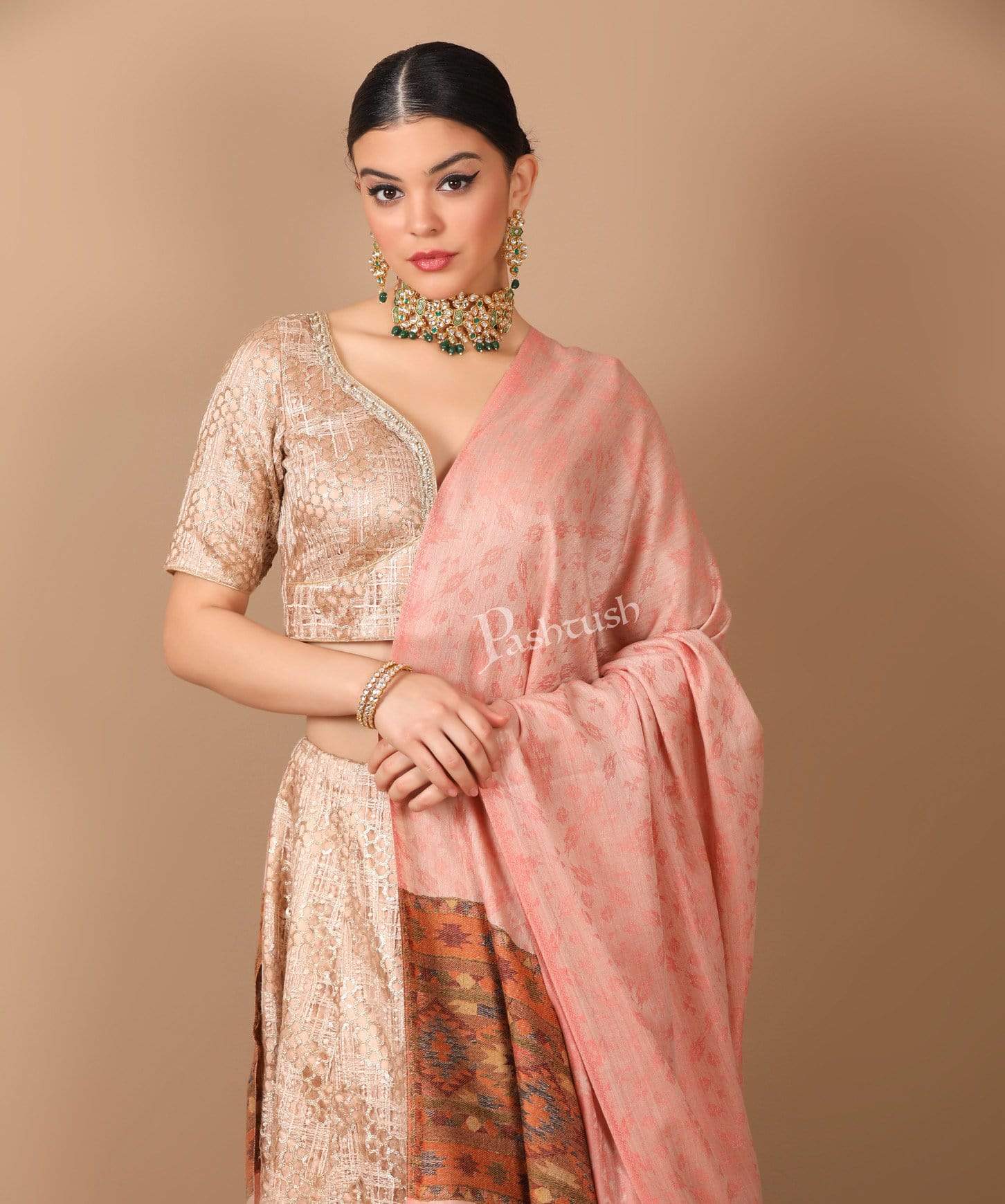 Pashtush Women'S Soft Fine Wool  Shawl With Ethnic Weave Palla, Soft Peach - Image 4