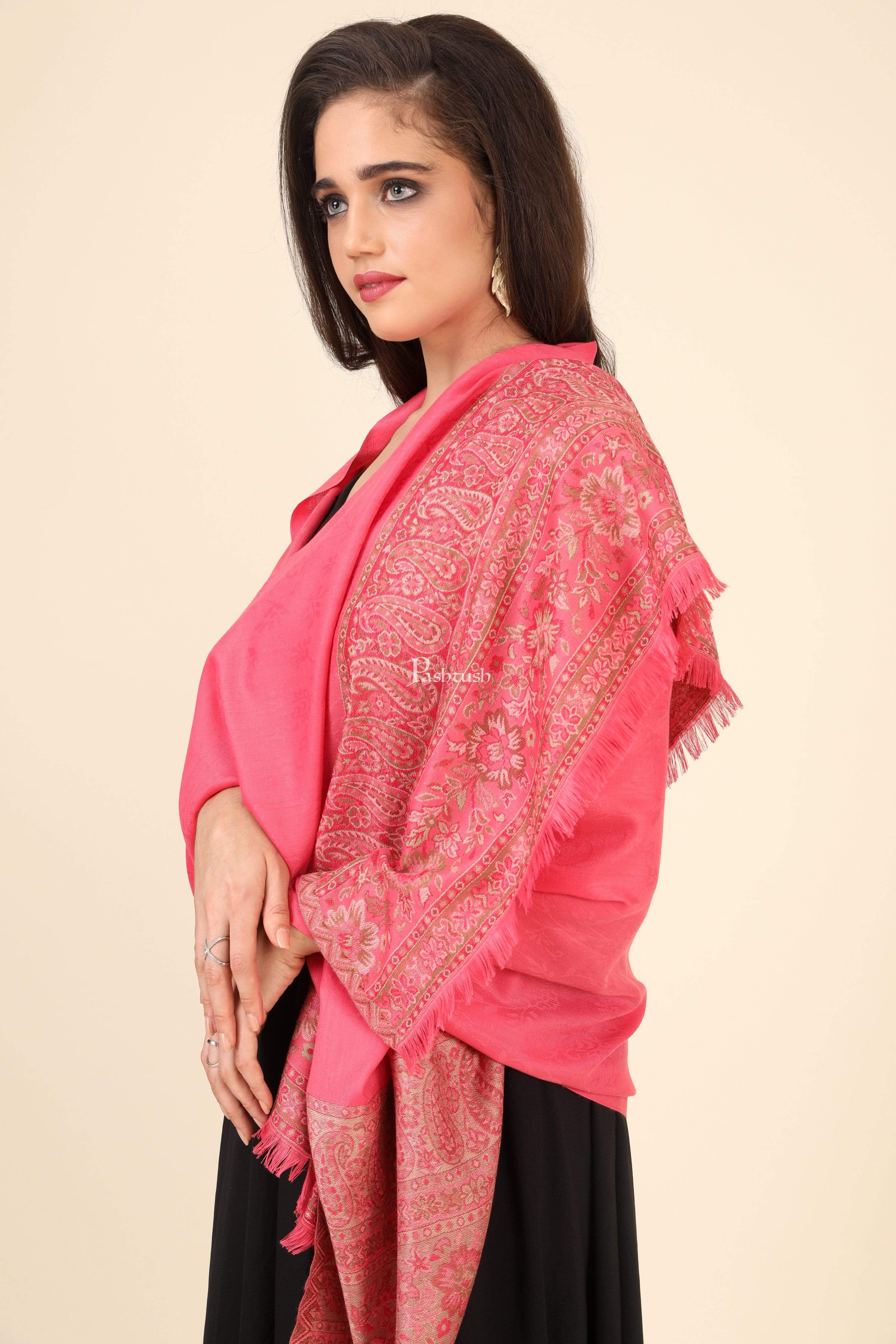 Pashtush Women'S Soft Fine Wool Wool Stole With Ethnic Floral Paisley Palla Victorian Pink - Image 2