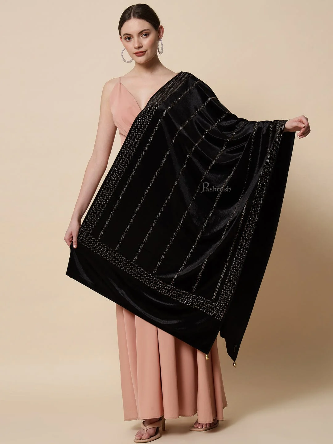 Pashtush Womens Soft Velvet Stole, Embellished With Shimmery Crystal Work, Black