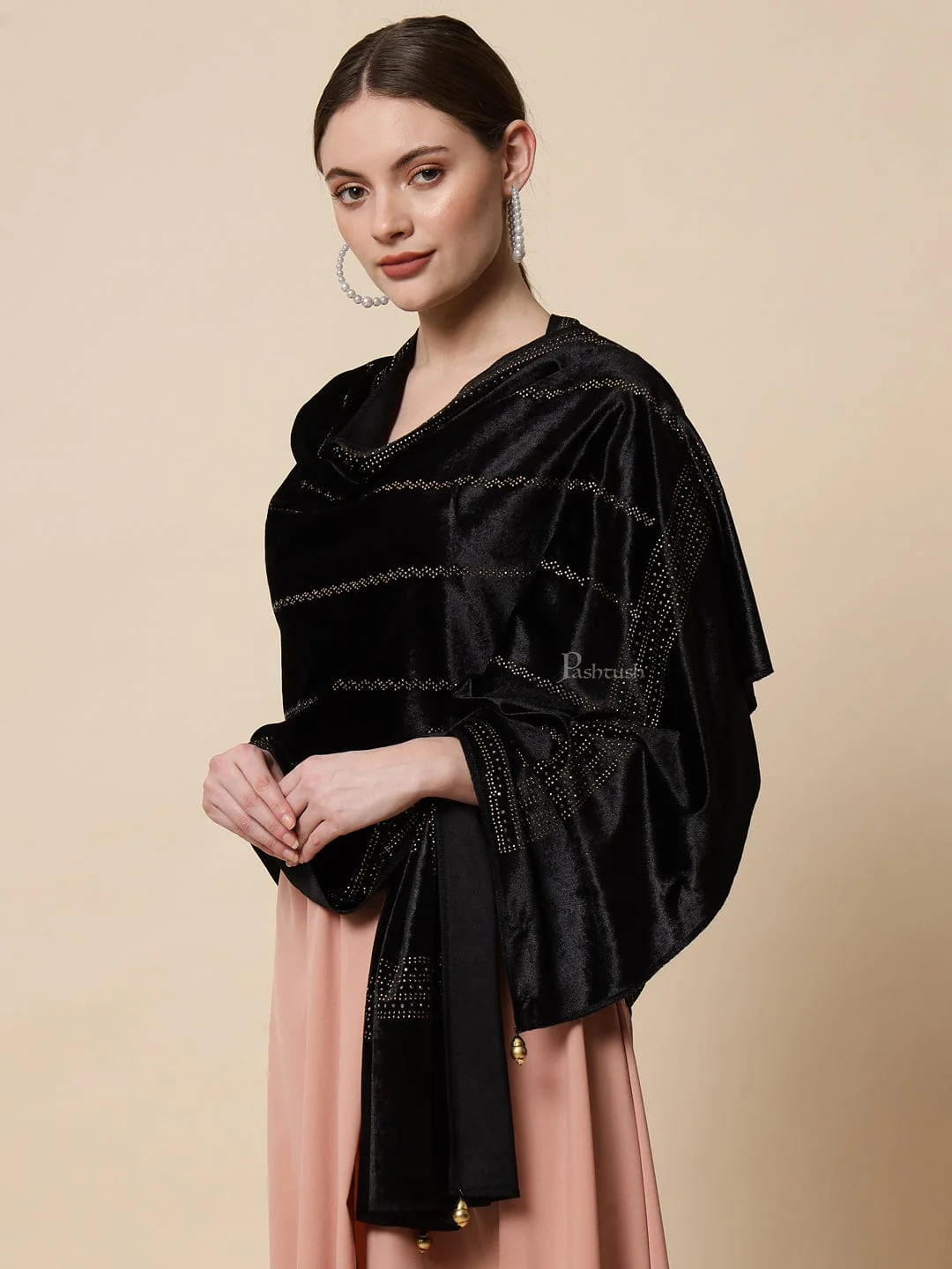 Pashtush Womens Soft Velvet Stole, Embellished With Shimmery Crystal Work, Black - Image 6