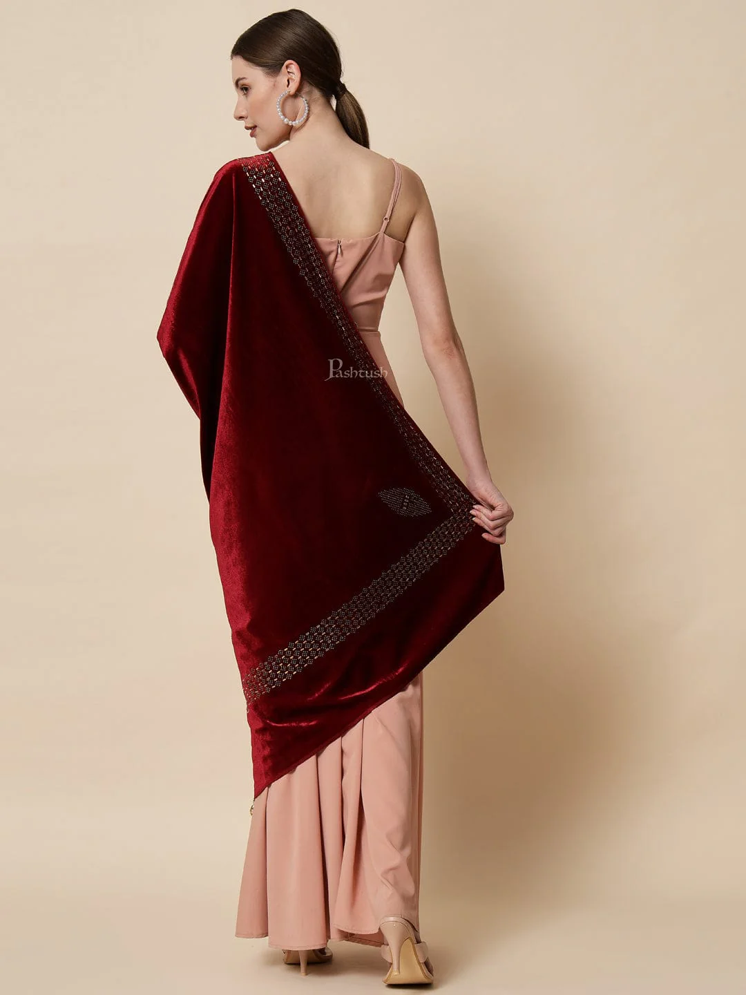 Pashtush Womens Soft Velvet Stole, Embellished With Shimmery Crystal Work, Maroon
