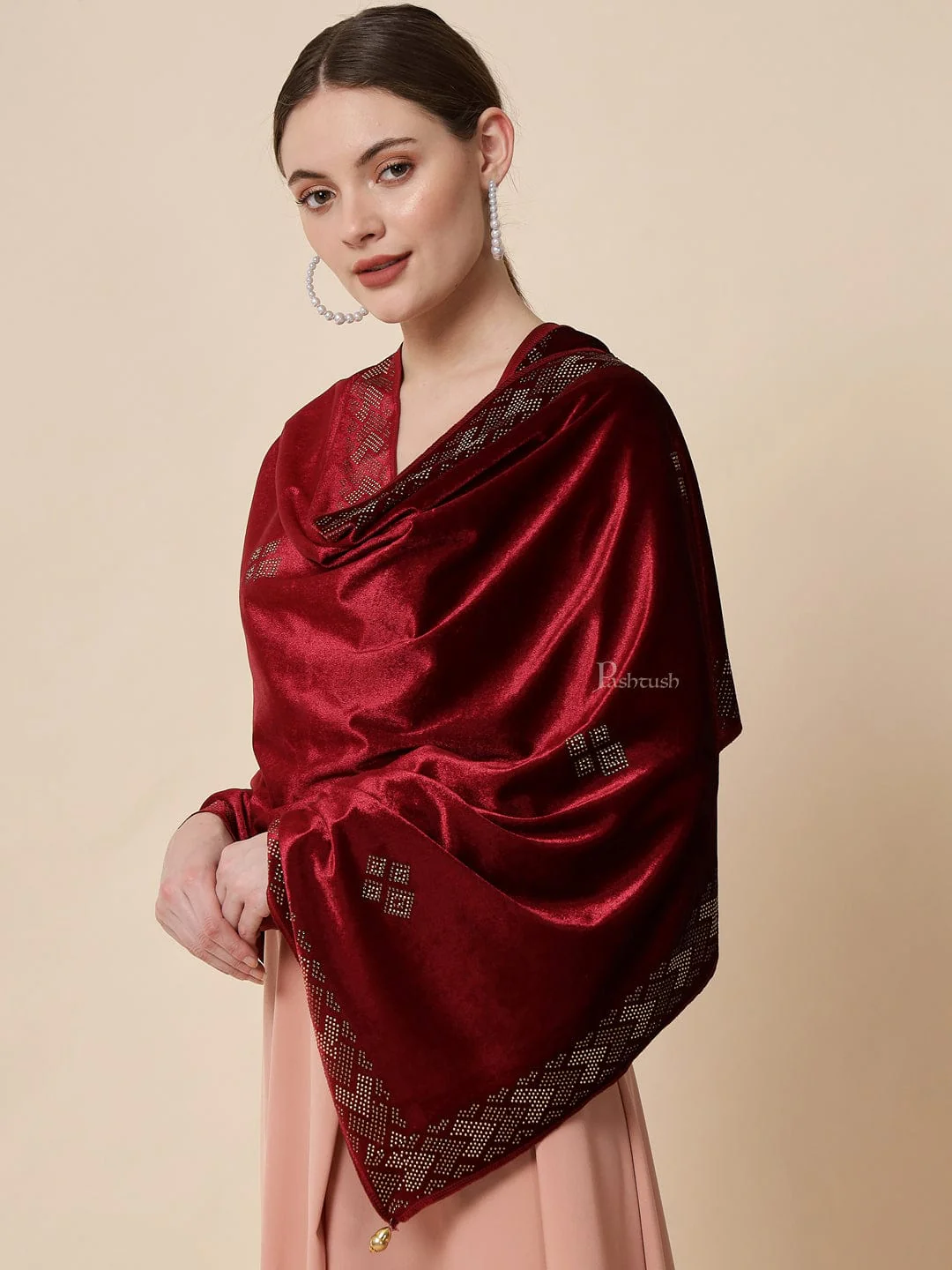 Pashtush Womens Soft Velvet Stole, Embellished With Shimmery Crystal Work, Maroon