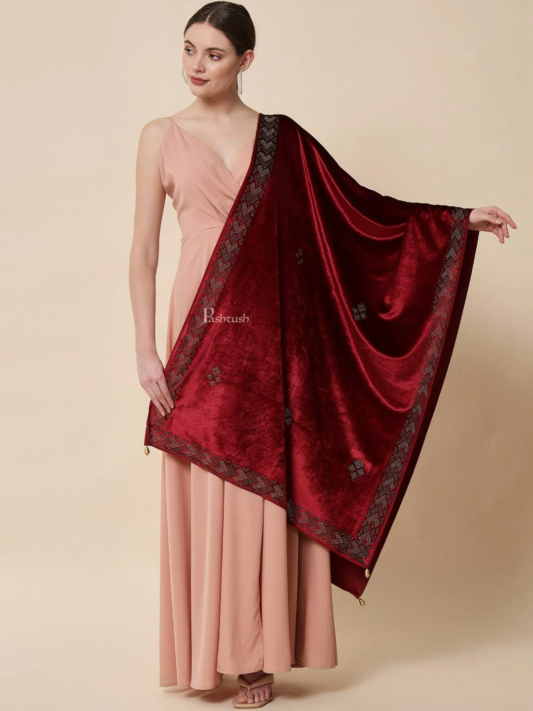 Pashtush Womens Soft Velvet Stole, Embellished With Shimmery Crystal Work, Maroon - Image 4