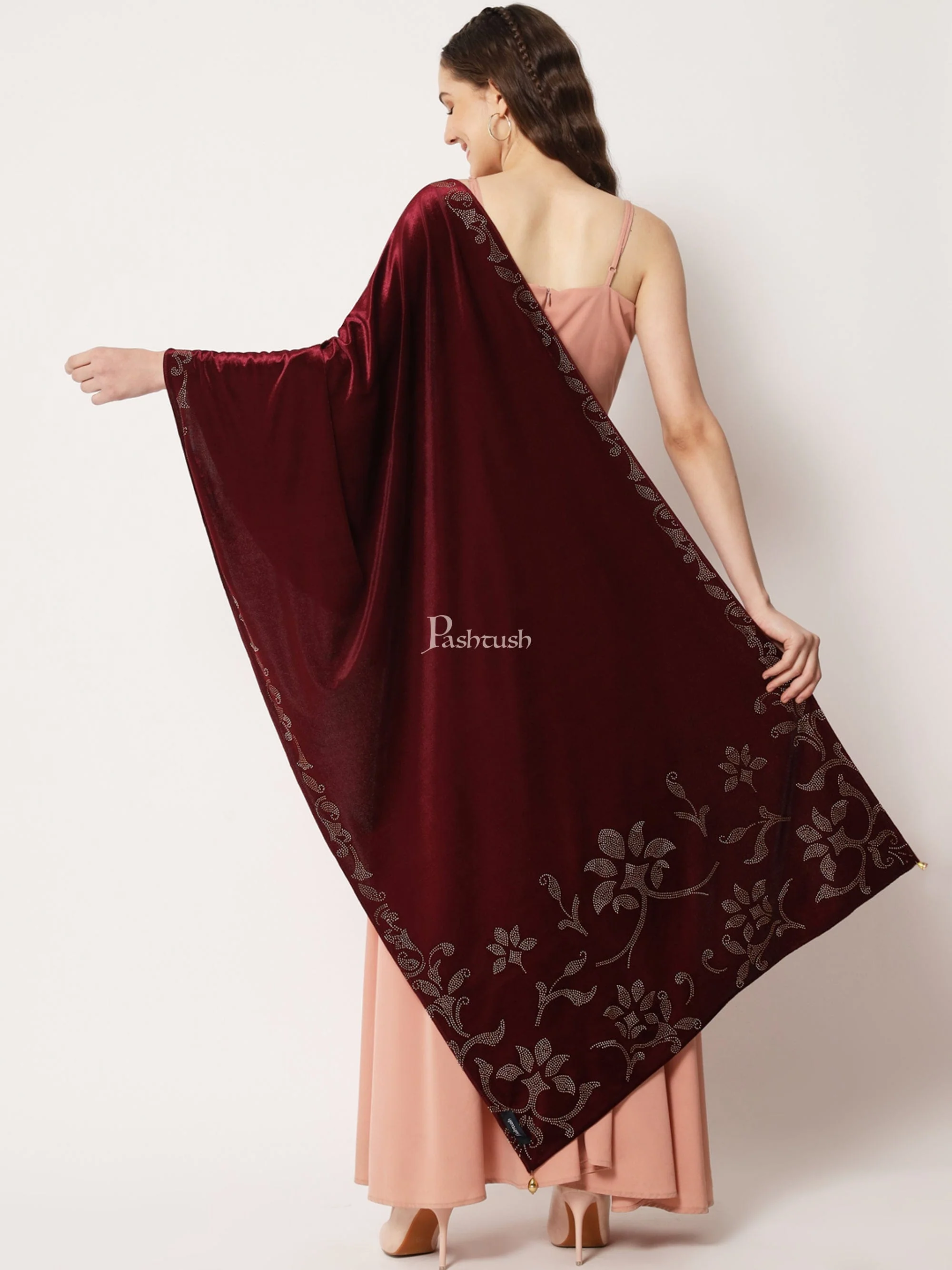 Pashtush Womens Soft Velvet Stole, Embellished With Shimmery Crystal Work, Maroon