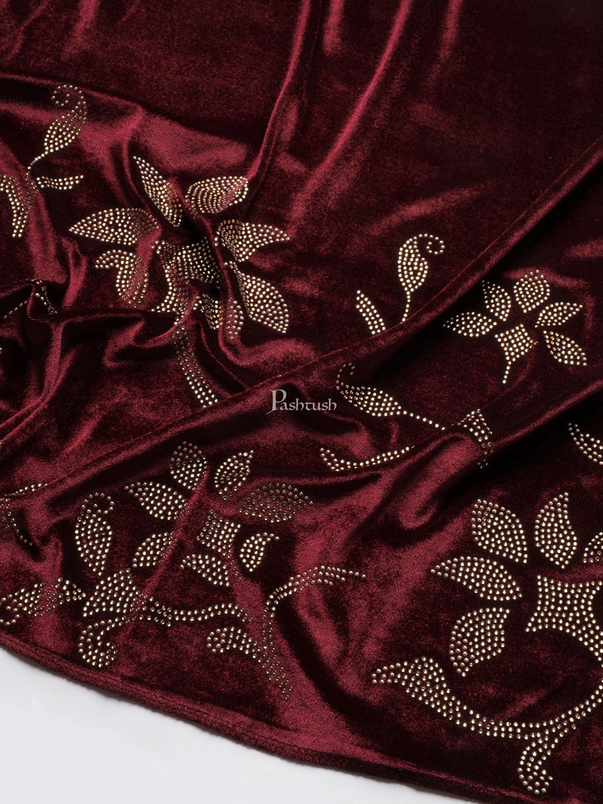 Pashtush Womens Soft Velvet Stole, Embellished With Shimmery Crystal Work, Maroon - Image 2