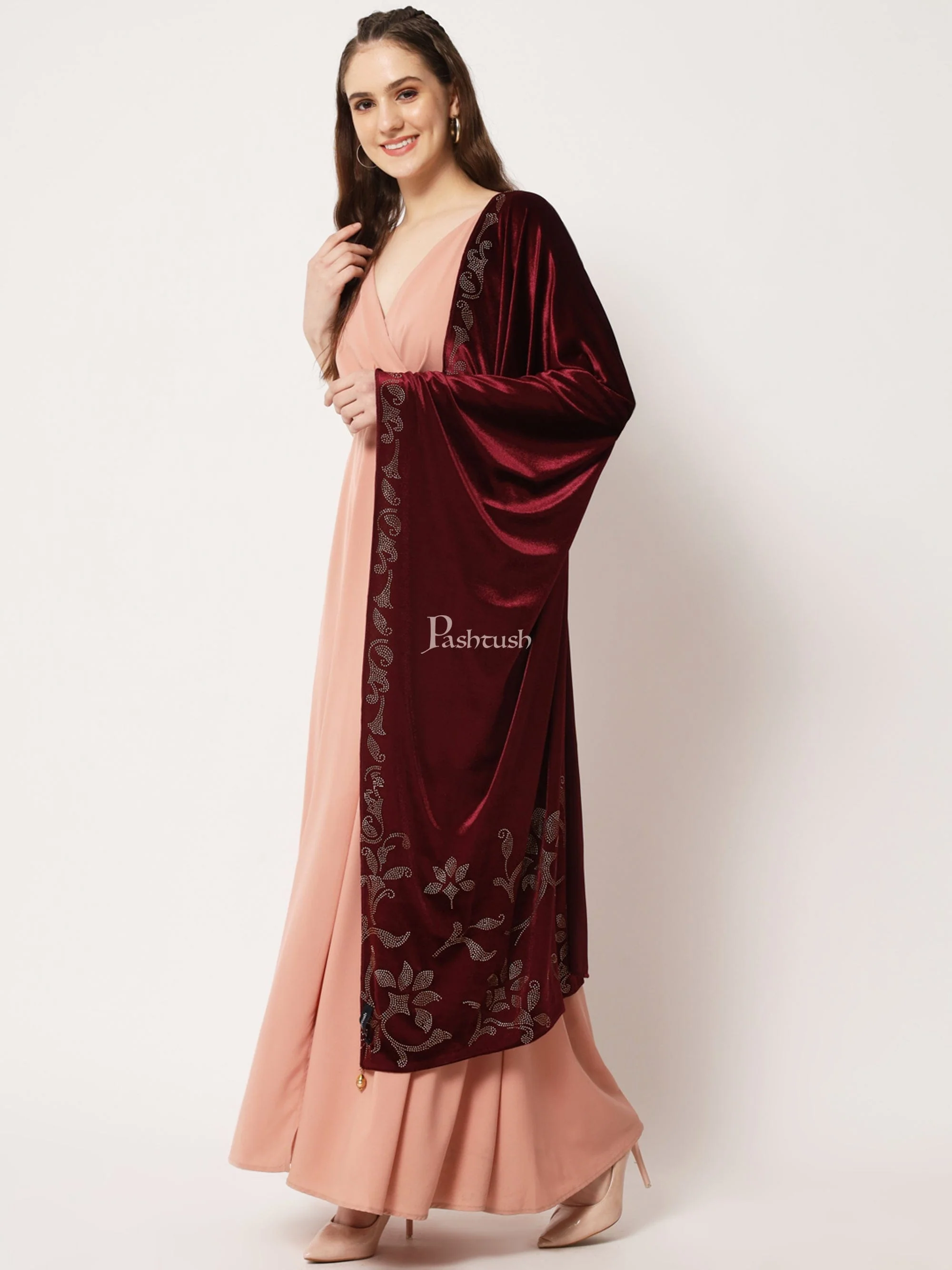 Pashtush Womens Soft Velvet Stole, Embellished With Shimmery Crystal Work, Maroon - Image 3