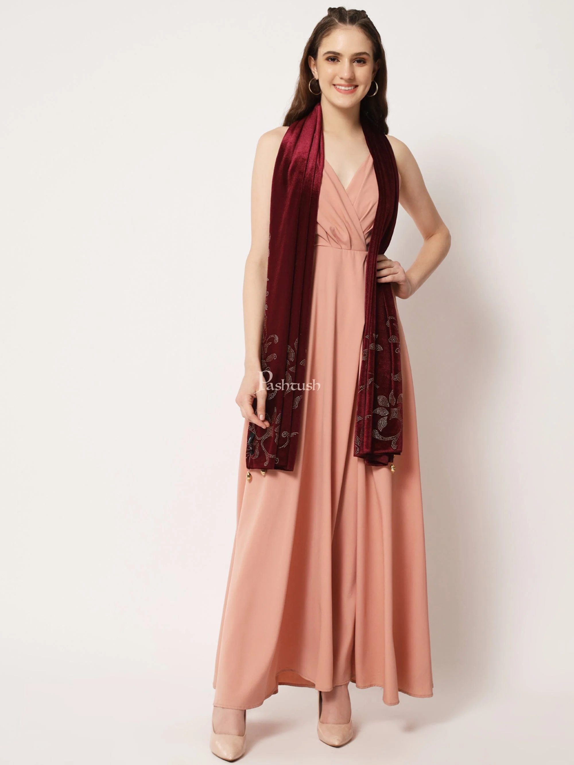 Pashtush Womens Soft Velvet Stole, Embellished With Shimmery Crystal Work, Maroon - Image 4