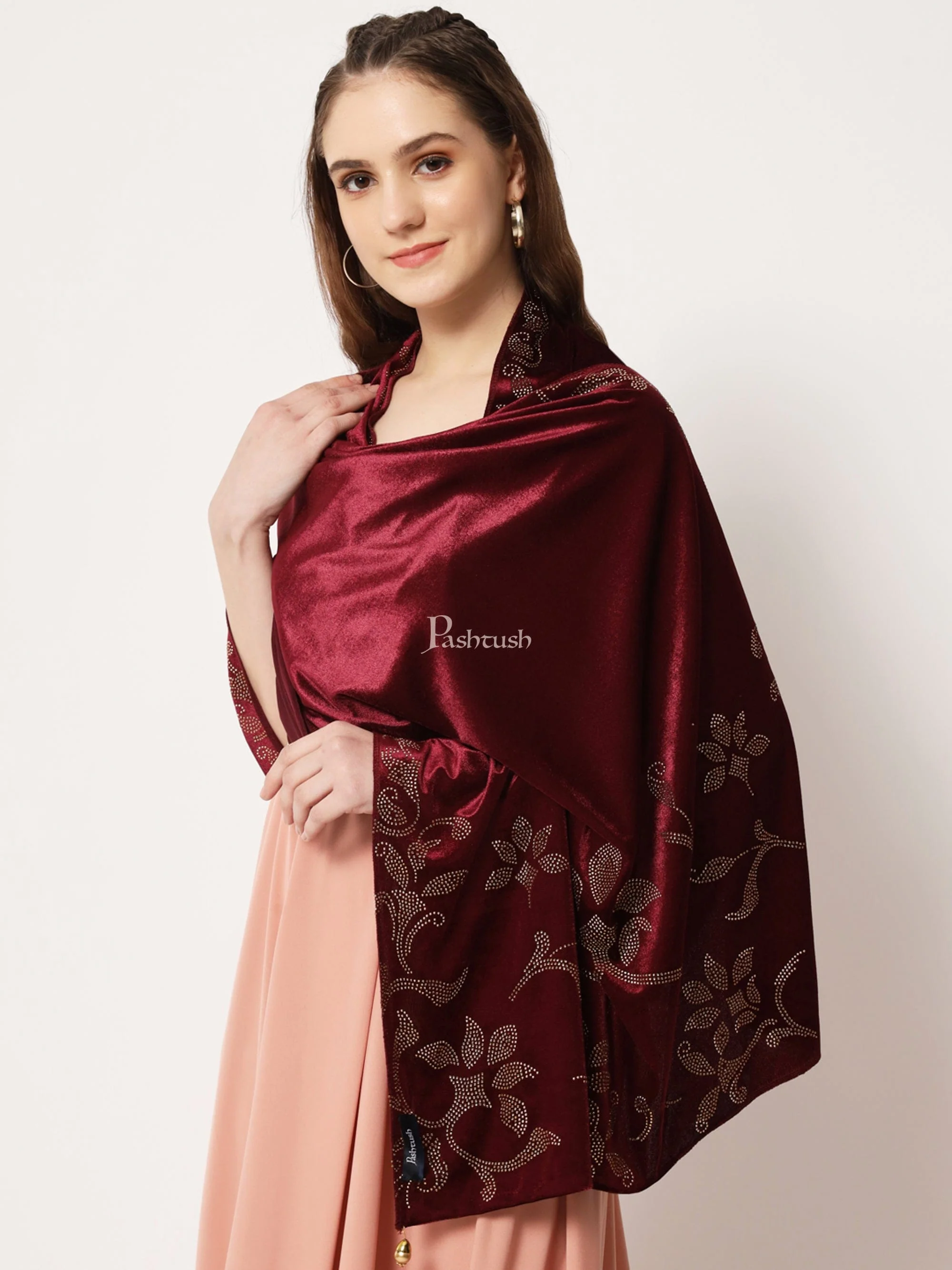Pashtush Womens Soft Velvet Stole, Embellished With Shimmery Crystal Work, Maroon - Image 6