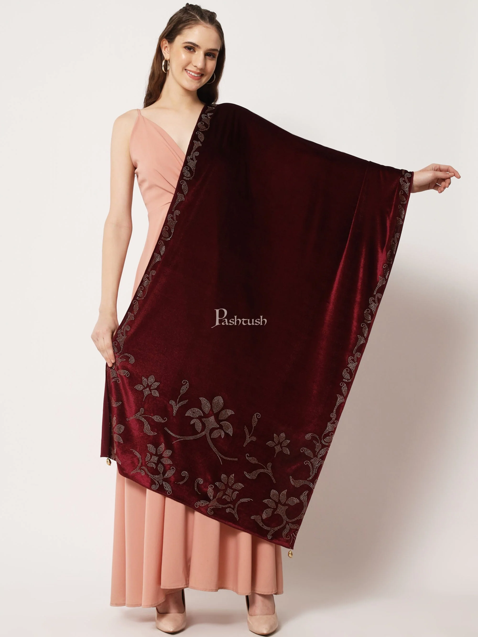Pashtush Womens Soft Velvet Stole, Embellished With Shimmery Crystal Work, Maroon - Image 7